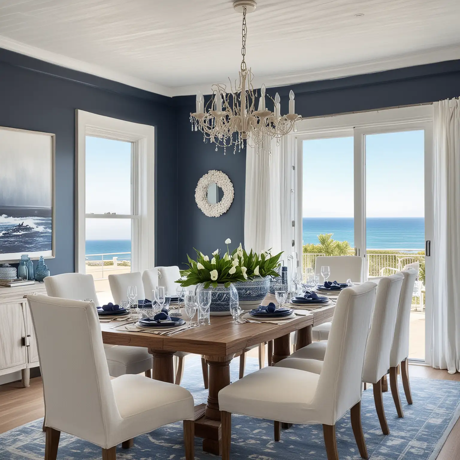 Navy and white coastal style dining room with ocean view