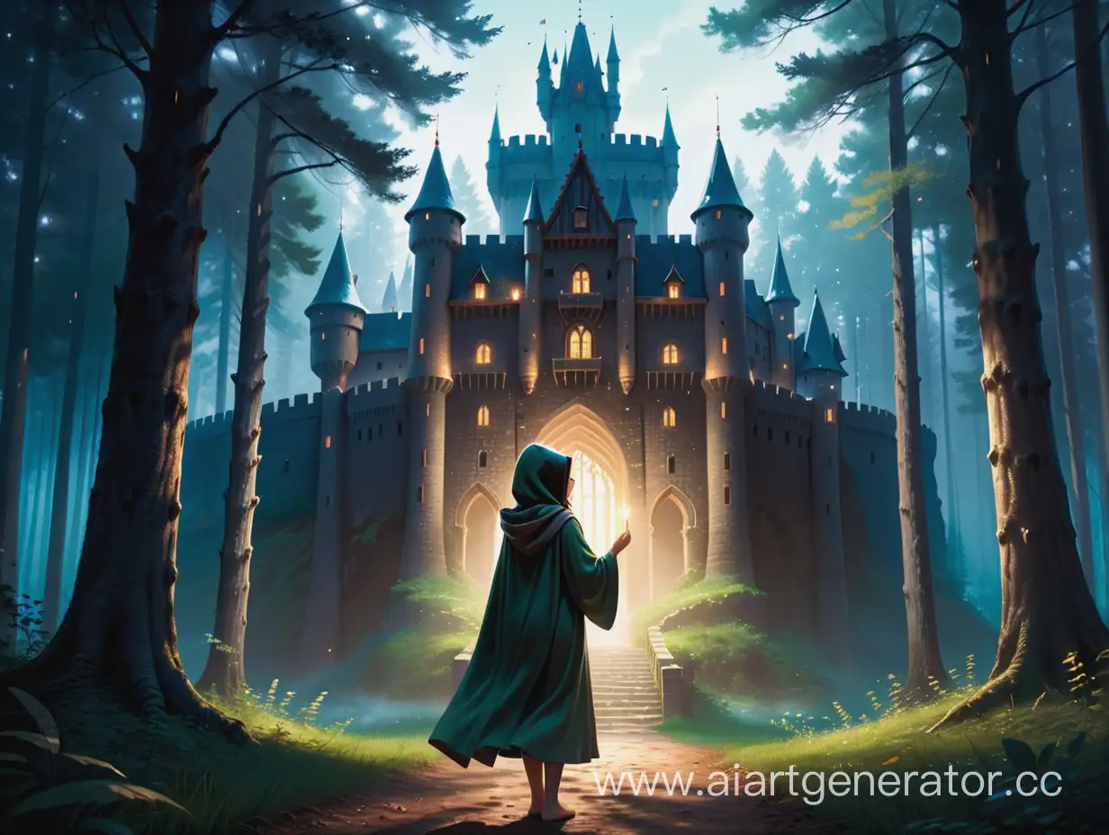 A castle in the distance in the middle of the forest, and in front of it a dark-haired girl with a light shining in her hands. She is wearing a robe and a hood partially conceals her face