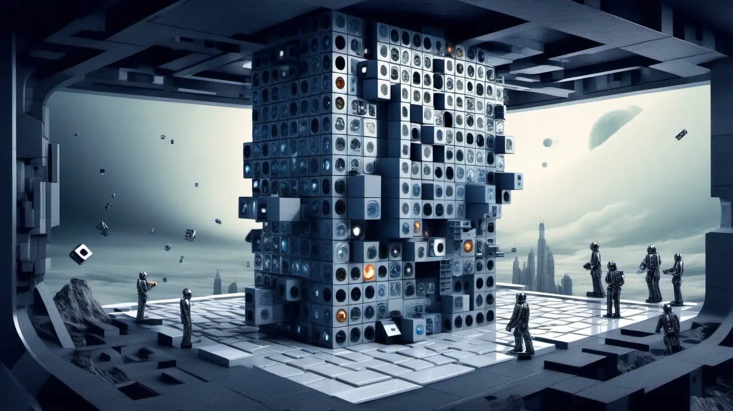 surreal image around the concept of building  blocks for integration   
place the building blocks in a sci fi setting like a large control center 