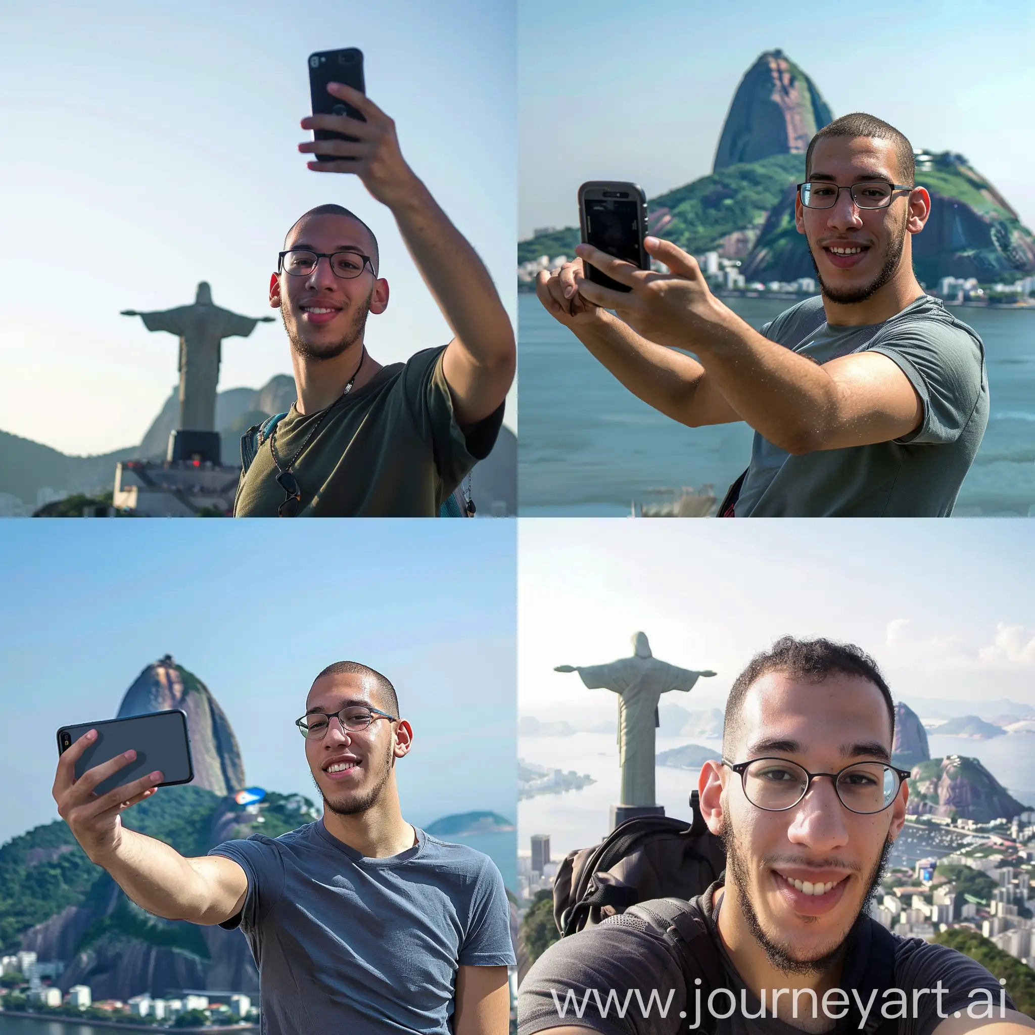 a 24 year old man taking a selfie in Rio de Janeiro, Christ the Redeemer in the background --cref https://i.pinimg.com/736x/16/09/8b/16098befbca2b28de02529b69c4a1e8e.jpg --cw 0