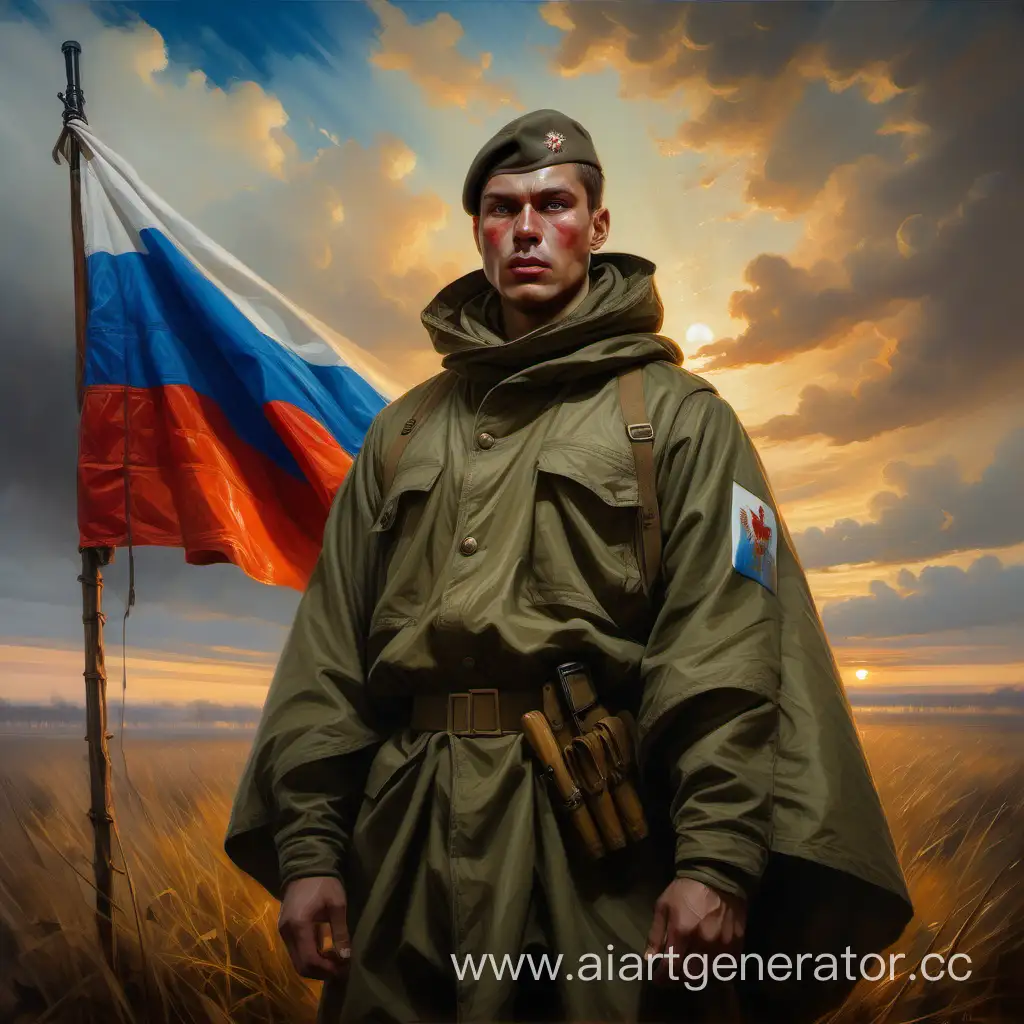 Russian-Soldier-in-KhakiColored-Poncho-Tent-Symbol-of-Strength-and-Resilience