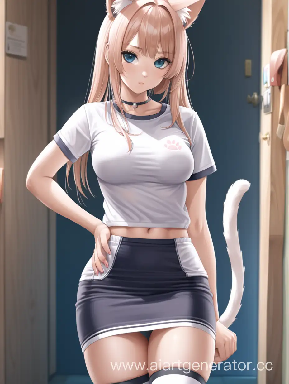 girl cat beautiful eyes cat ears cat tail medium breasts tight T-shirt short skirt big ass beautiful girl hands behind her back thin legs round breasts elastic ass