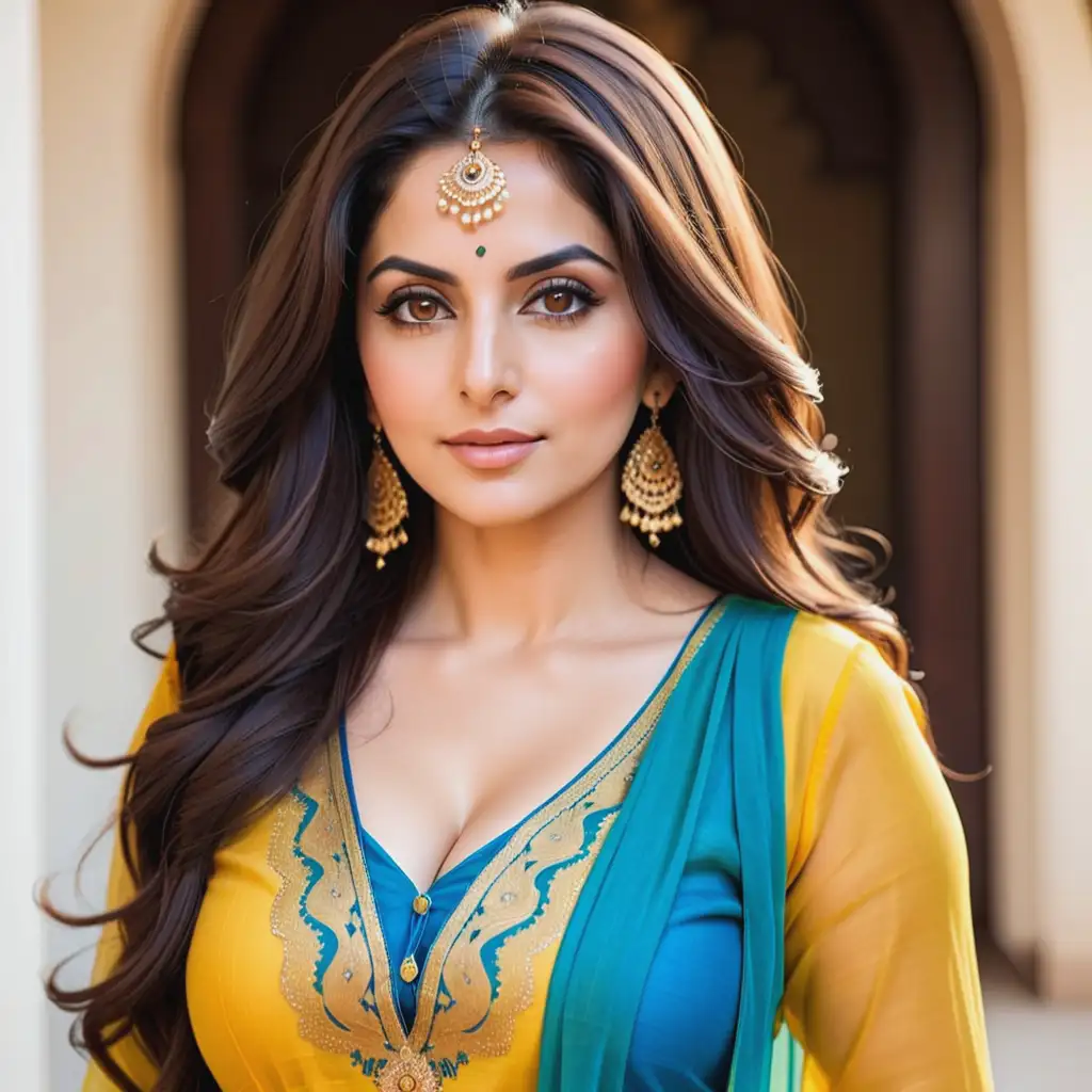 stunningly beautiful 40 year old Iranian woman with long flowing hair, big breasts, in a yellow and blue salwar kameez