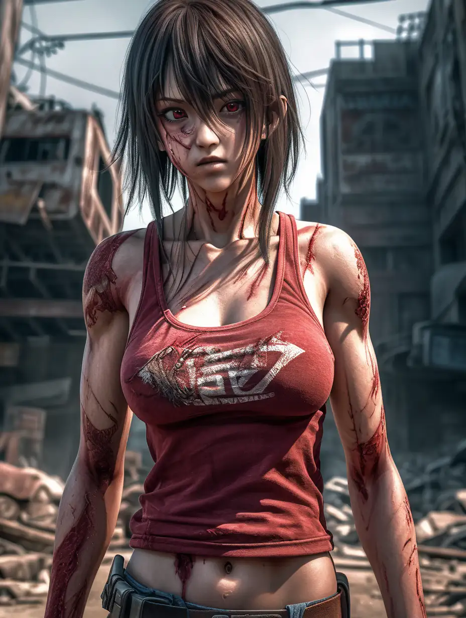 (cinematic lighting), In a zombie post-apocalyptic world, a beautiful resilient anime girl dons a worn red tank top, perfect breast, revealing battle scars and determination, as she faces the challenges of survival with a blend of strength and grace, half body photo, angle from top, intricate details, detailed face, detailed eyes, hyper realistic photography, --v 5, unreal engine