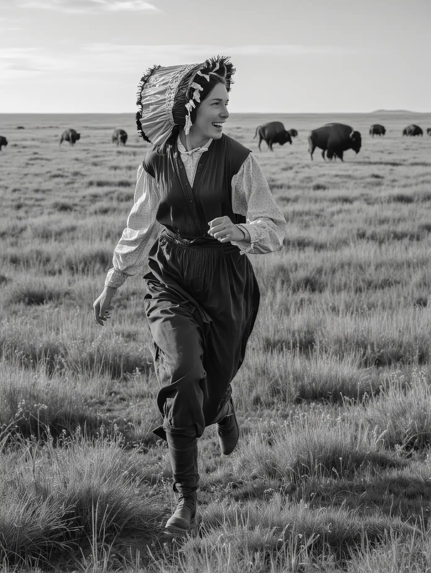 A woman runs through the prairie. She is a pioneer and wears a bonnet. There are buffalo in the background. she is seen from the side. In black and white. 