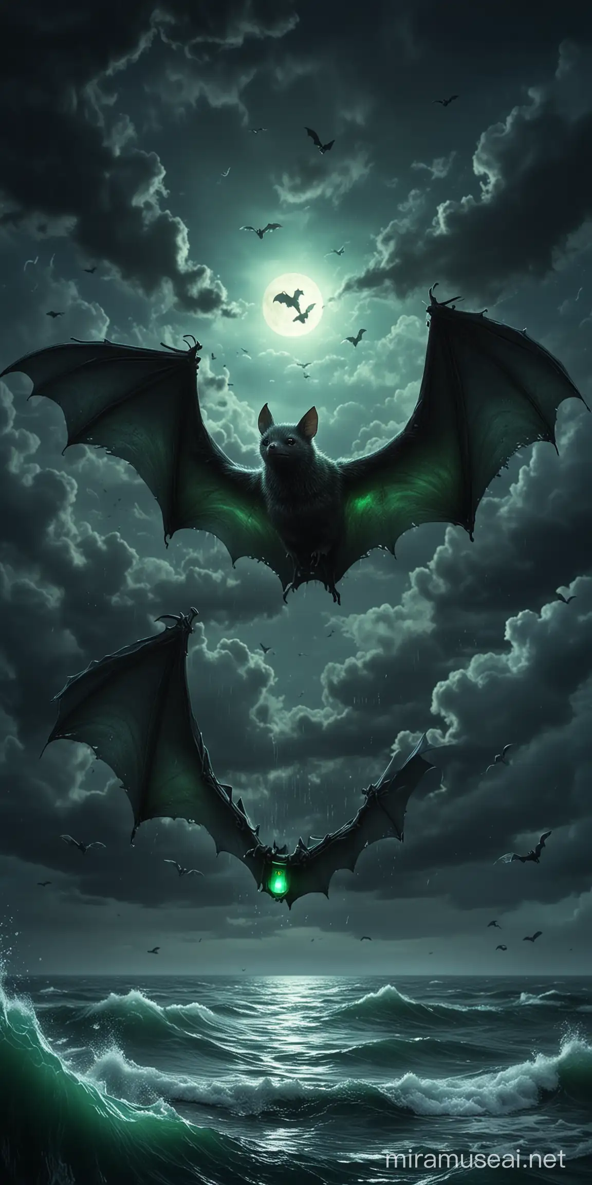лапки летучей мыши держат зеленый светящийся жетон над темно-синим штормовым морем, реалистично, мрачная атмосфера, мистика