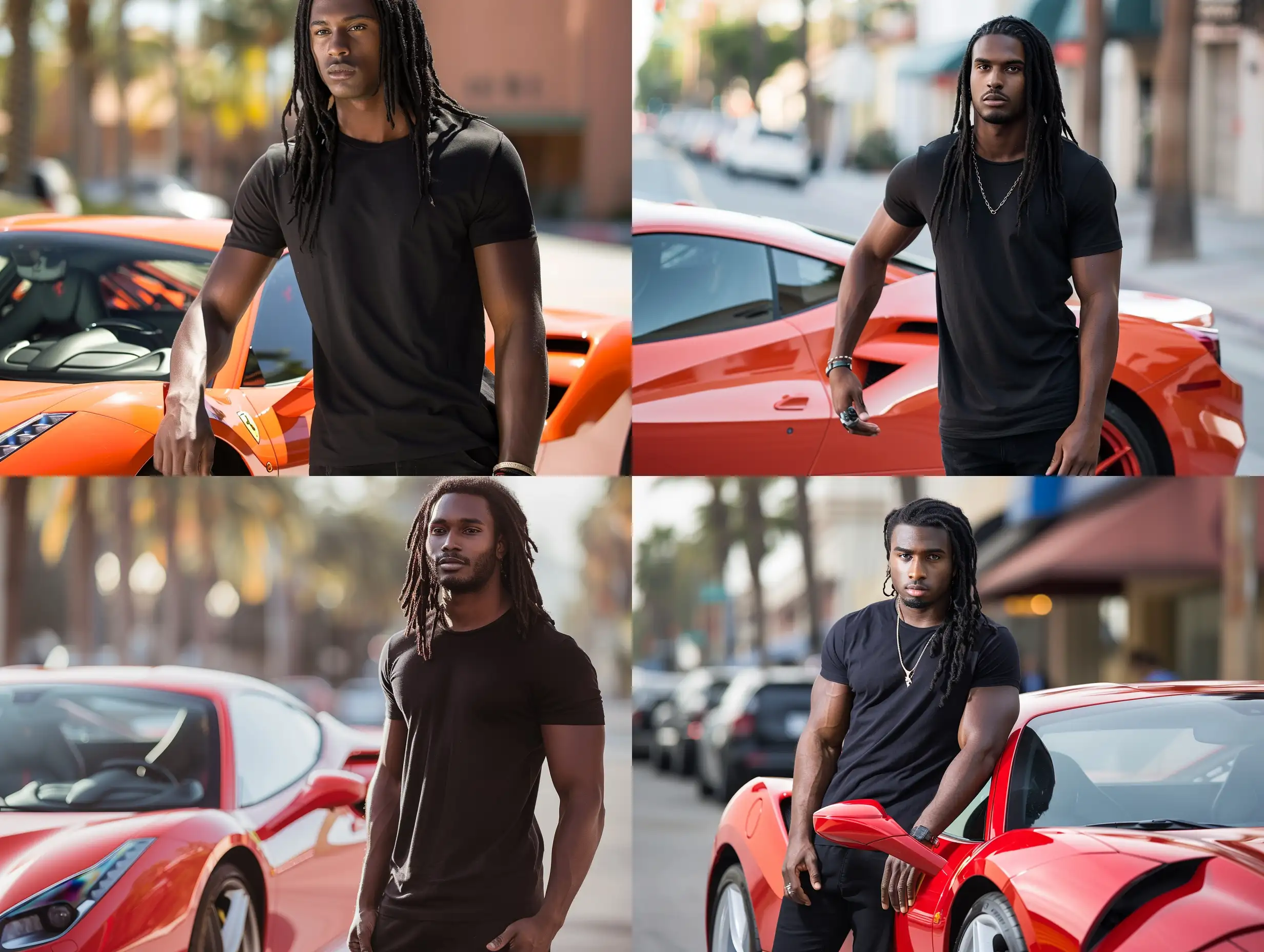 Tall, black handsome male model, long hair, with black t-shirt, standing by ferrari 488, in los angeles