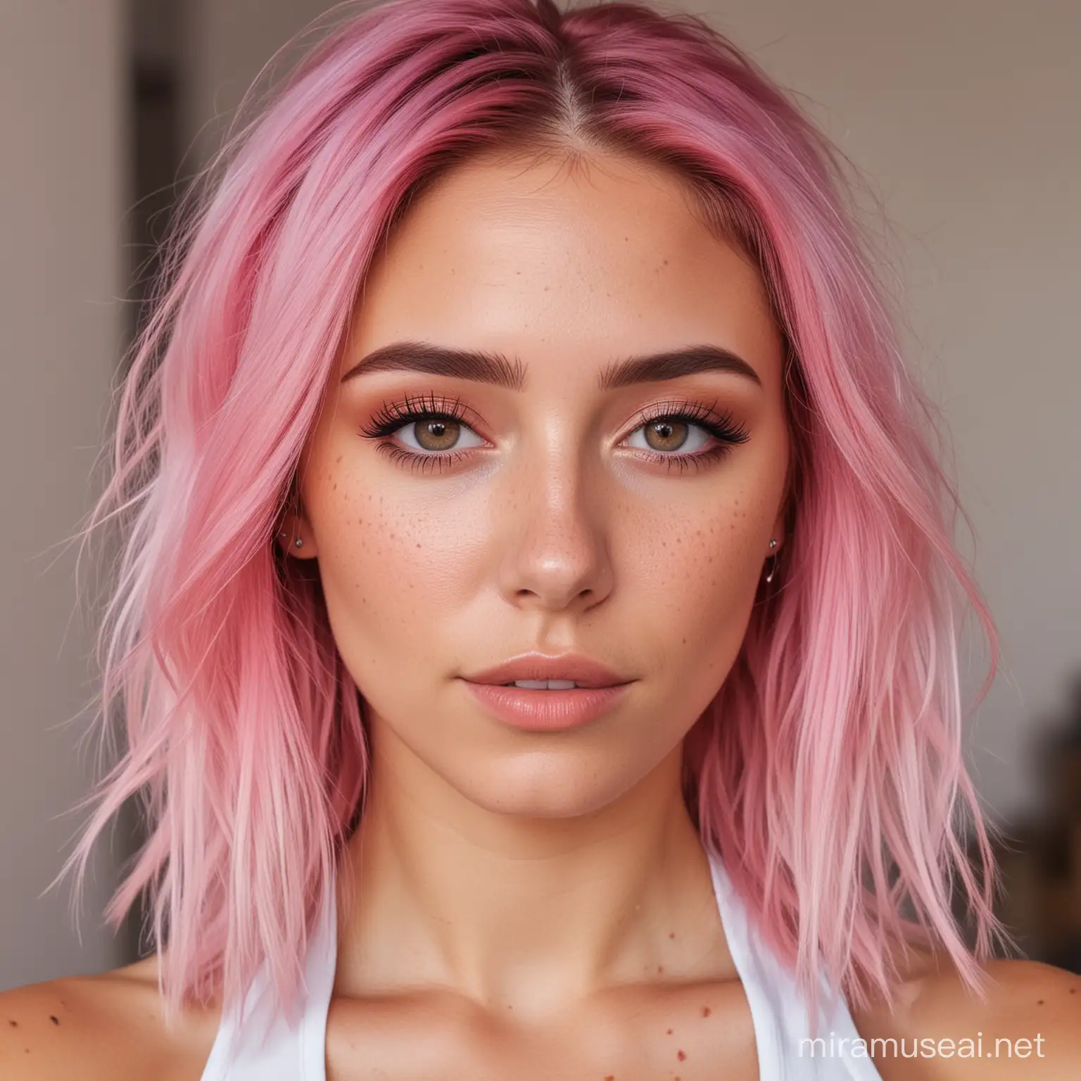 full shot of a beautiful woman with pink hair, hair roots slightly faded, spanish, influencer, very light freckles, light brown eyes, gym