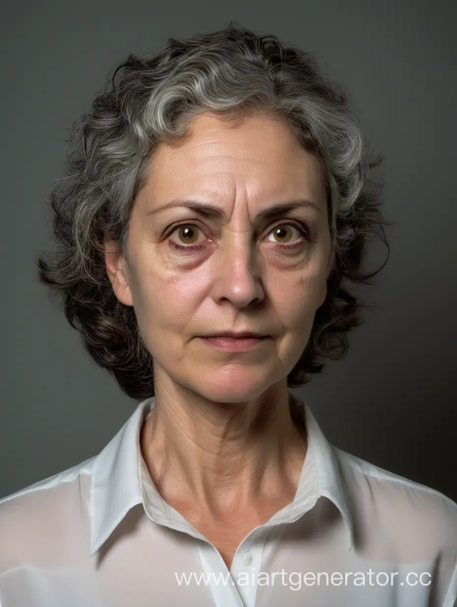 Portrait-of-an-Attentive-Adult-Woman-with-Gray-Curly-Hair-and-Light-Blouse