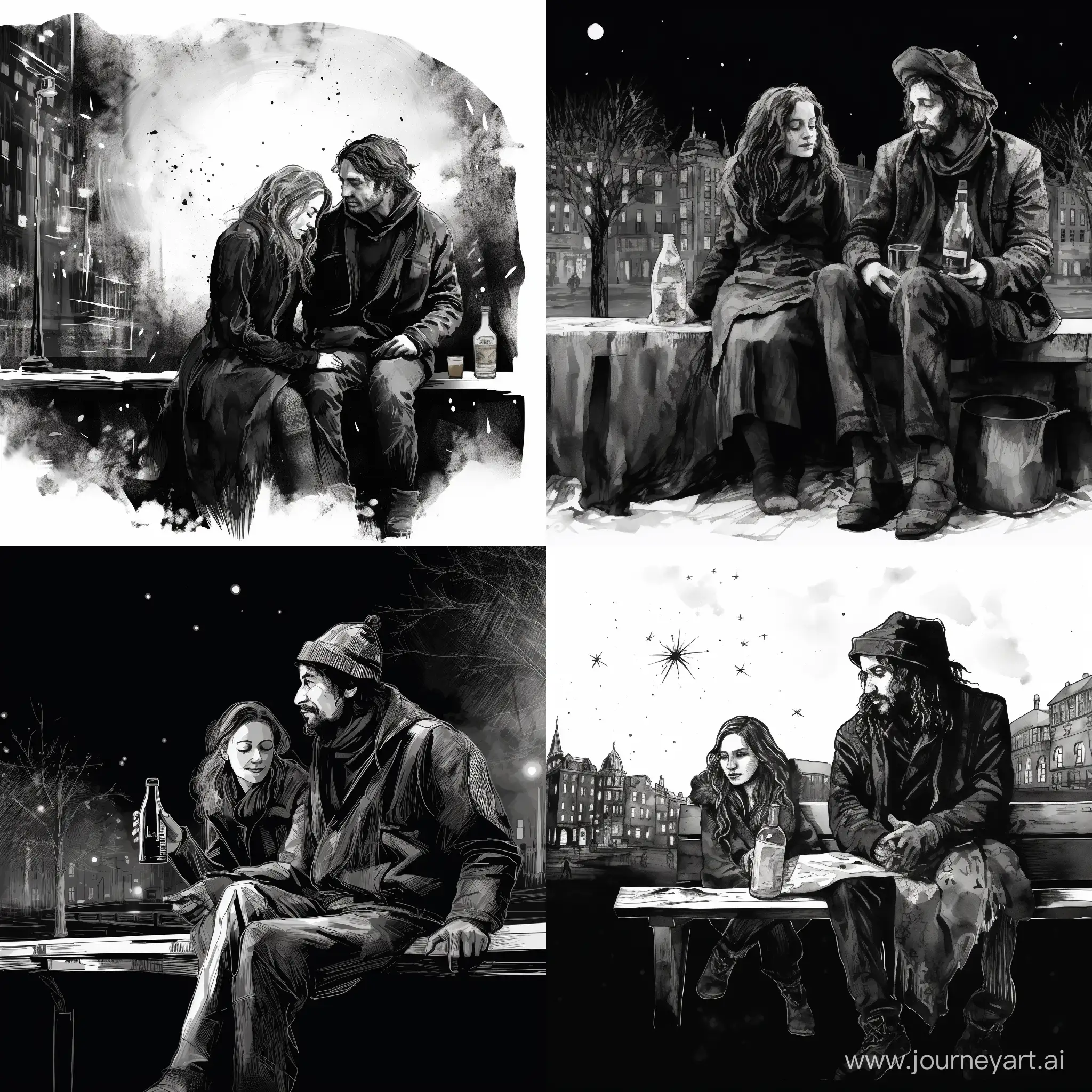 Homeless-Couple-Embracing-Winter-Night-with-Champagne