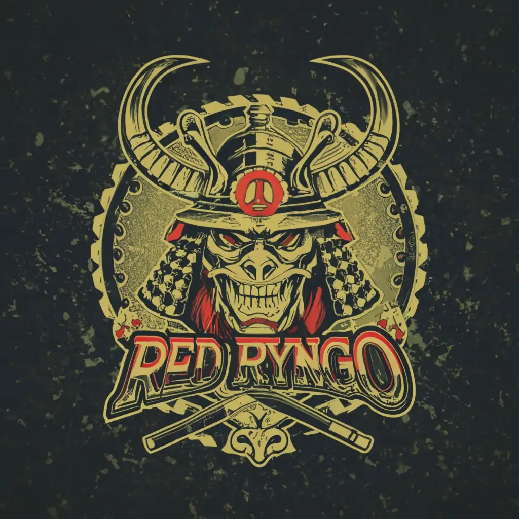 a logo design, with the text 'Red Ryngo', main symbol: goathead in samurai helmet Kabuto, earthy and industrial style, complex, to be used in Entertainment industry, to be used in gaming industry, dark background