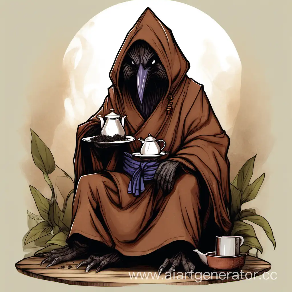 Kenku-Monk-Enjoying-Tranquil-Tea-Moment-in-Rustic-Brown-Cloak