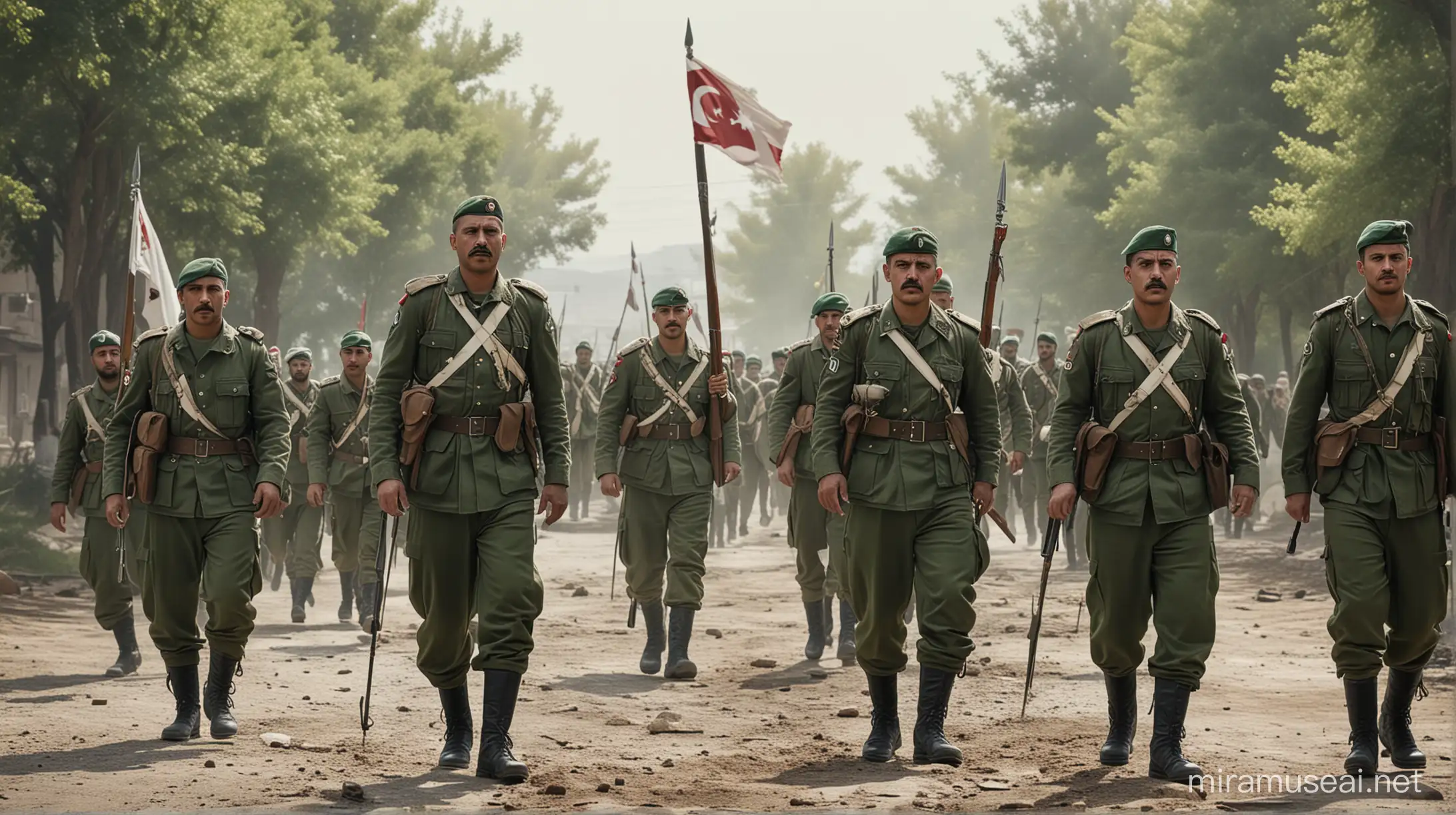 Turkish soldiers, green dressed as soldiers, unarmed Turkish soldiers surrend. One of them carry a white flag, 21st century, hyperrealist, cinematographic