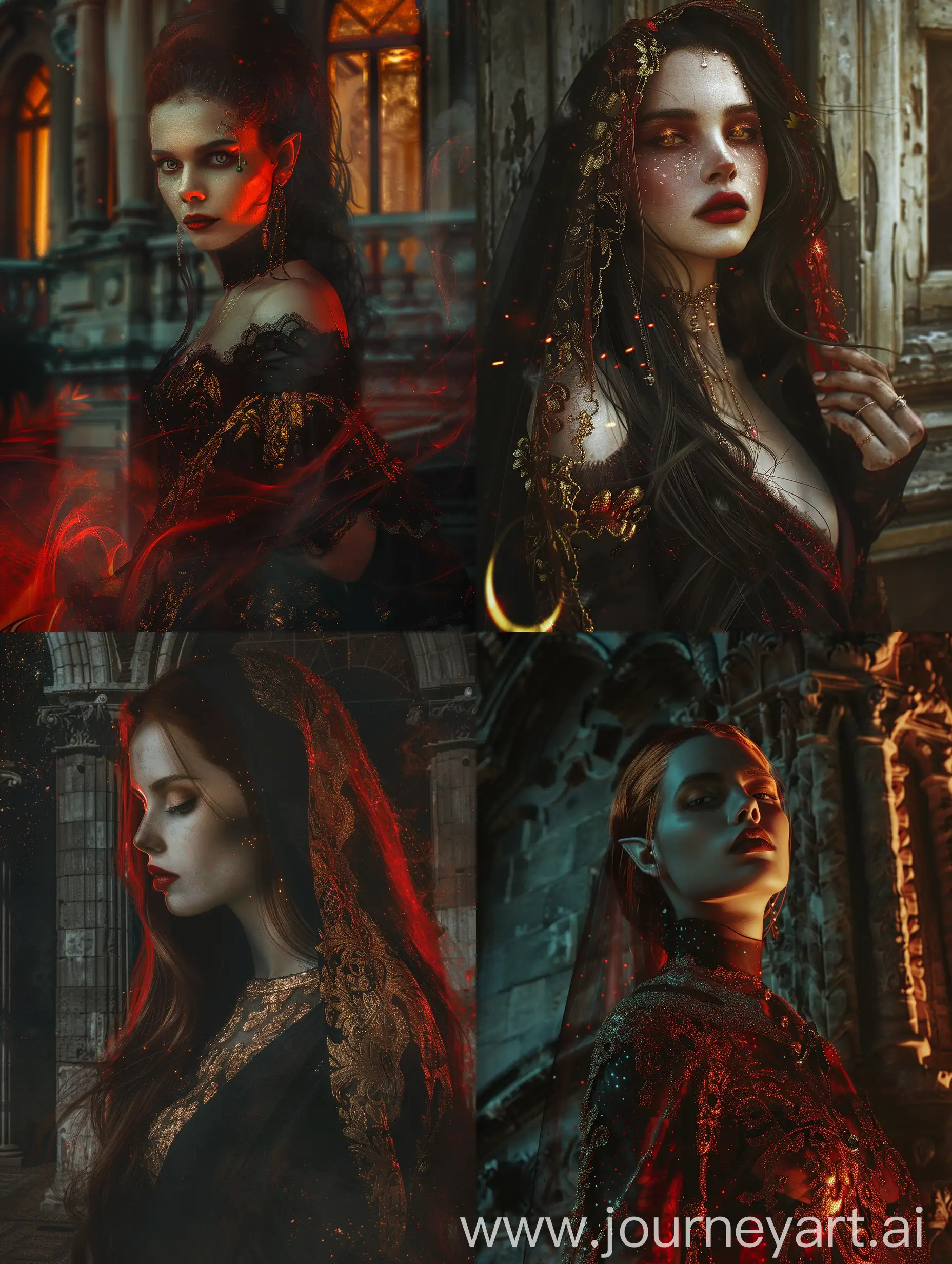 Vampire Queen, darkness, potrait, fantasy, horror, creepy, with subtle red and gold gradients, realistic, 1girl, beautiful, high detail, attractive, fit, pretty face, moonlight enveloping attire old building.