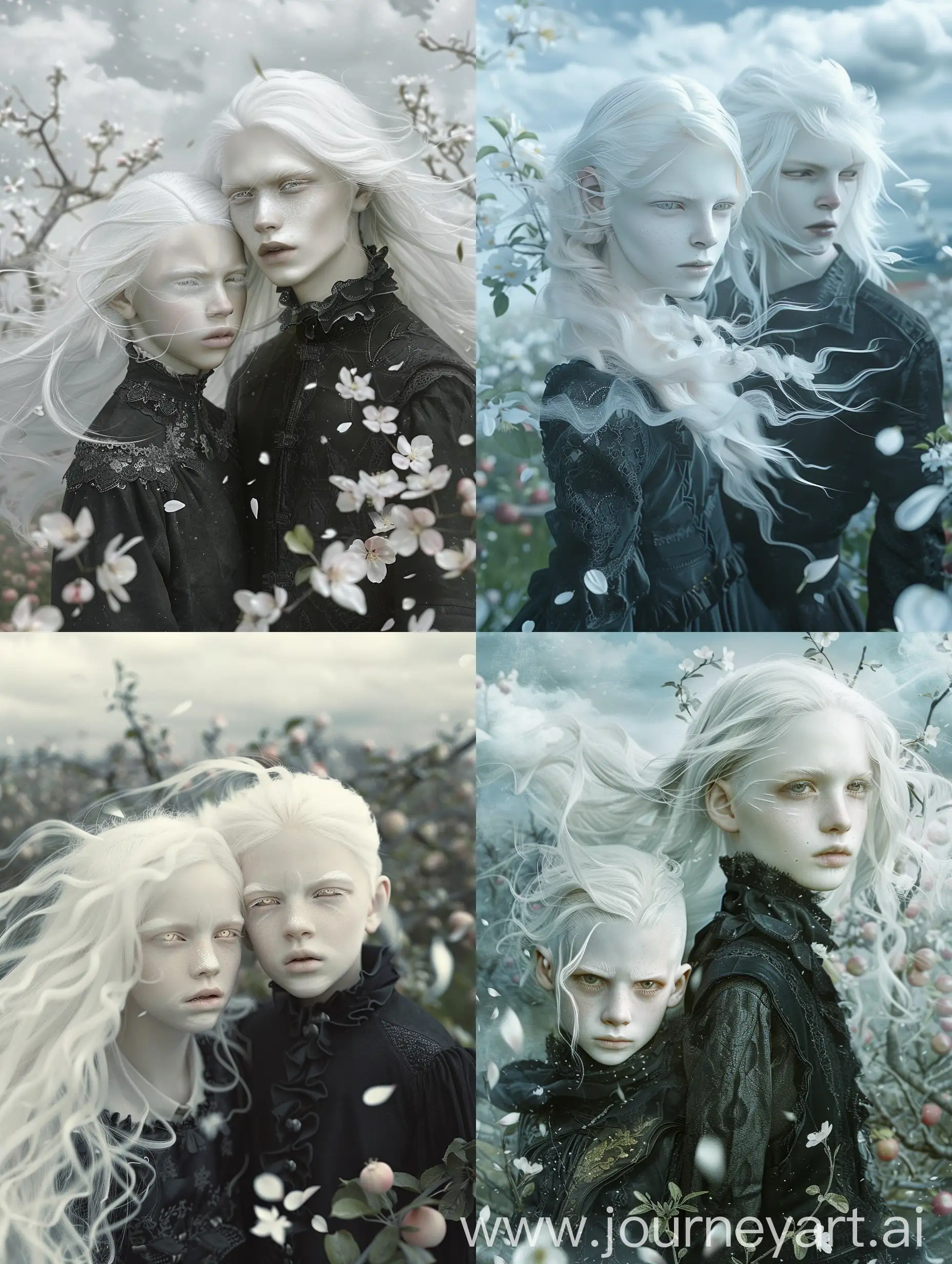 Gothic-Albino-Siblings-in-a-Windswept-Apple-Garden
