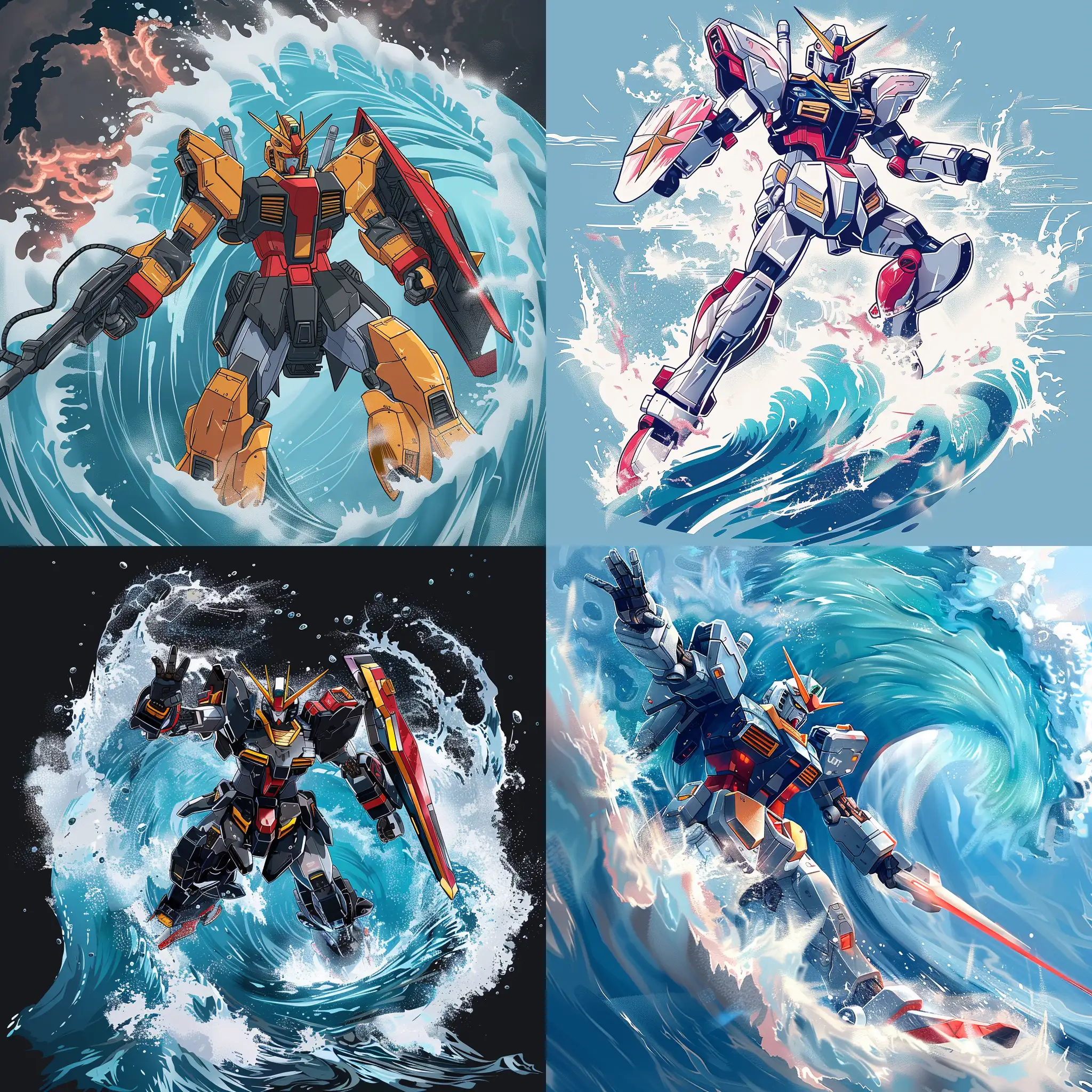 Vector illustration Newest Gundam version 2024 the surging waves as the savior of the world, extreme detail, bright model