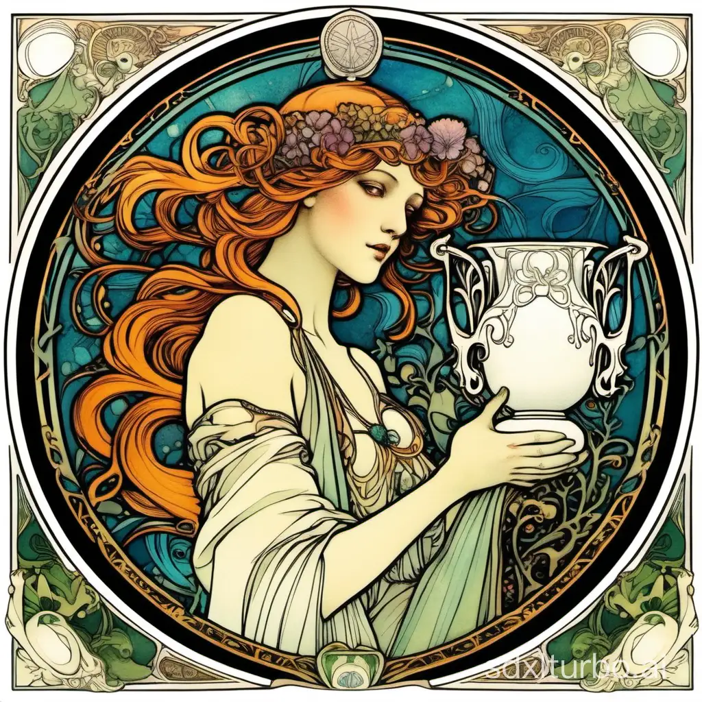 mucha’s style，pure color and black；colorful;aquarius;tarot card form;holding a white vase in your hand