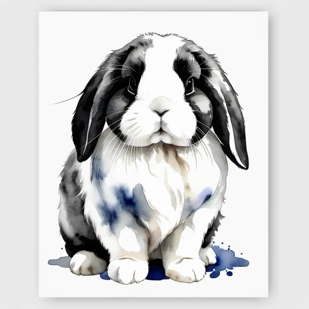 Adorable Watercolor Illustration of a Full Body Black and White Holland Lop Rabbit