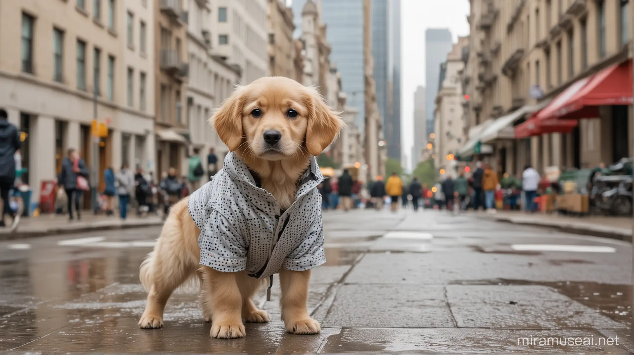 Stylish Puppy in PolkaDot Raincoat Strolling City Streets