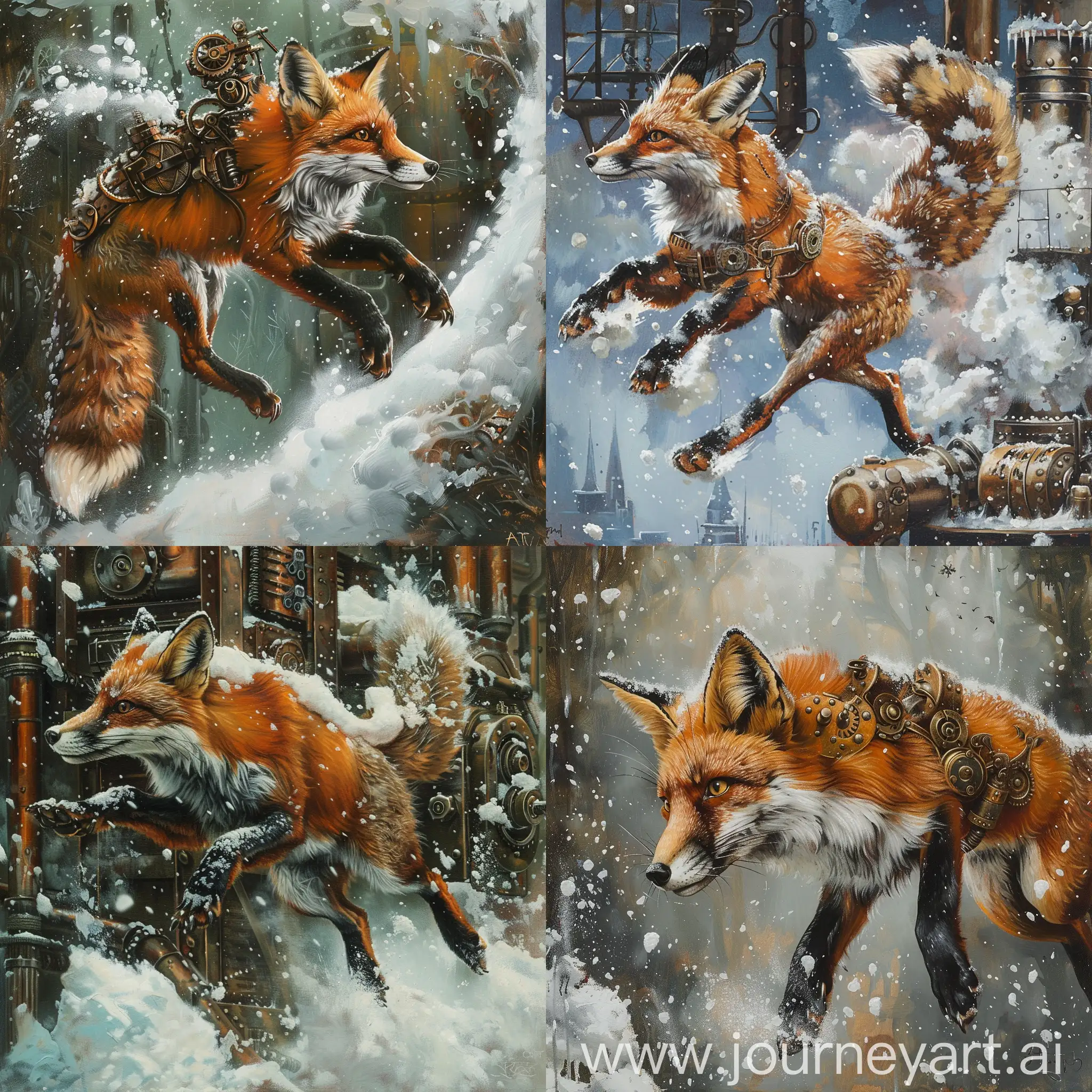 A fox jumps into the snow, a steampunk painting