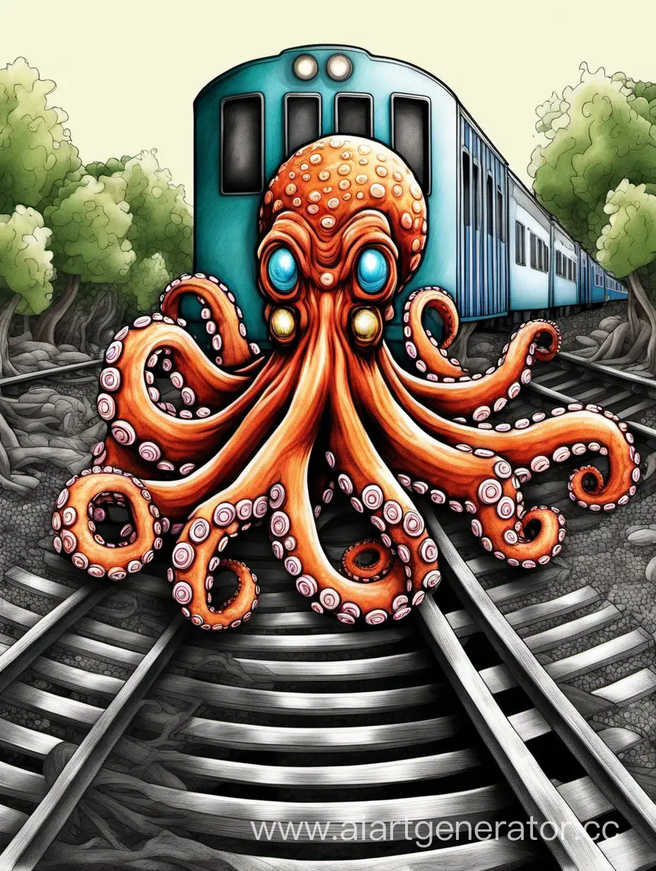 Colorful-Chevron-Octopus-Riding-a-Train-Playful-and-Vibrant-Illustration
