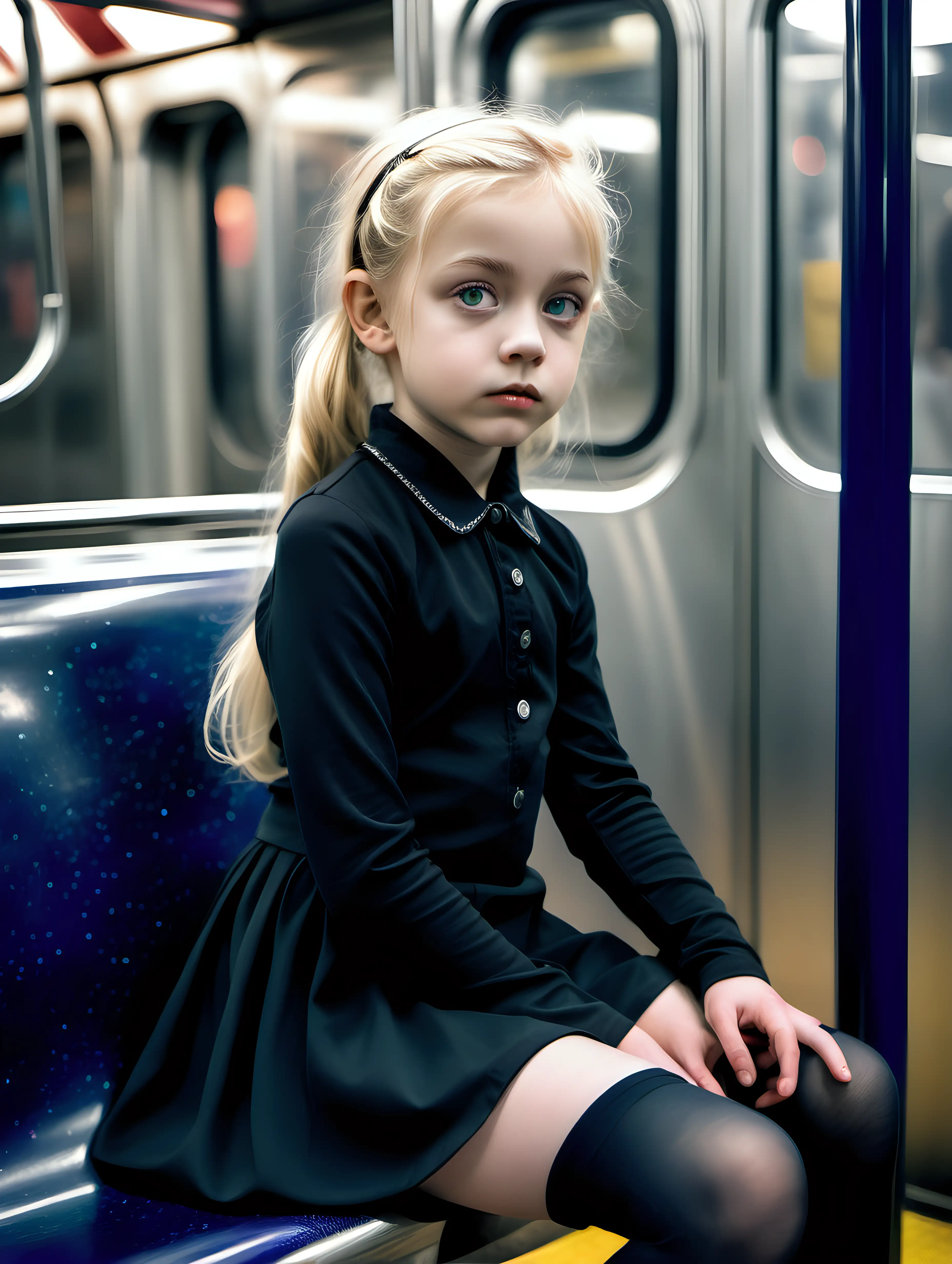 Gothic Little Girl with Mom in Subway Portrait Shot with Neon Lights and High Stiletto Heels
