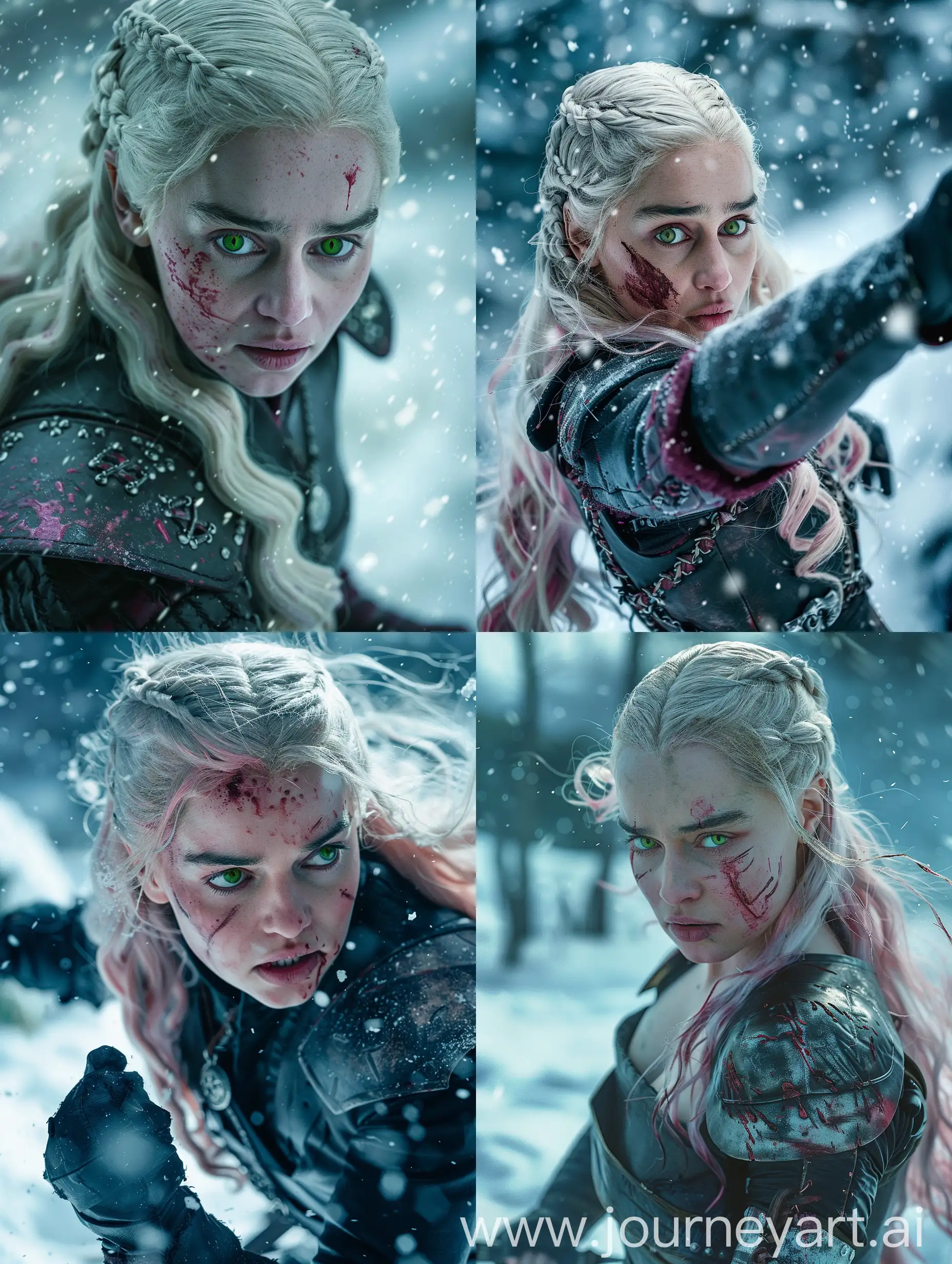 Cinematic, documentary photo, Daenerys Targaryen character as witcher fighting in winter background, intense confidence and determination, intimidating. She is a witcher,she has green eyes,dark pink long hair, She has healed scars, witcher armour, directed by Ridley Scott, shot with Arriflex 35BL Camera. Canon K35 Prime Lenses,, 70 mm -- style raw