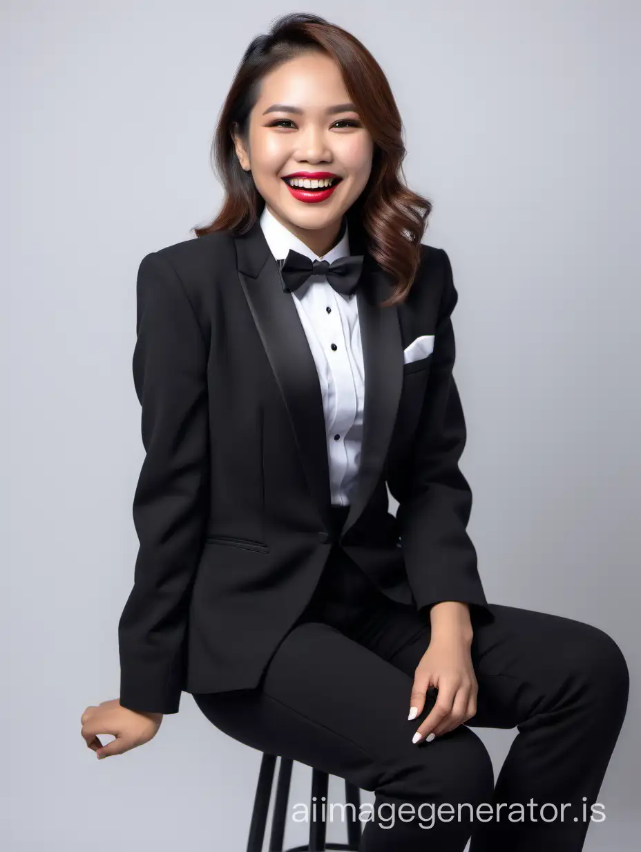 seated smiling and laughing filipino woman with shoulder length hair and lipstick wearing a black tuxedo, wearing black pants, wearing a white shirt, wearing a black bow tie