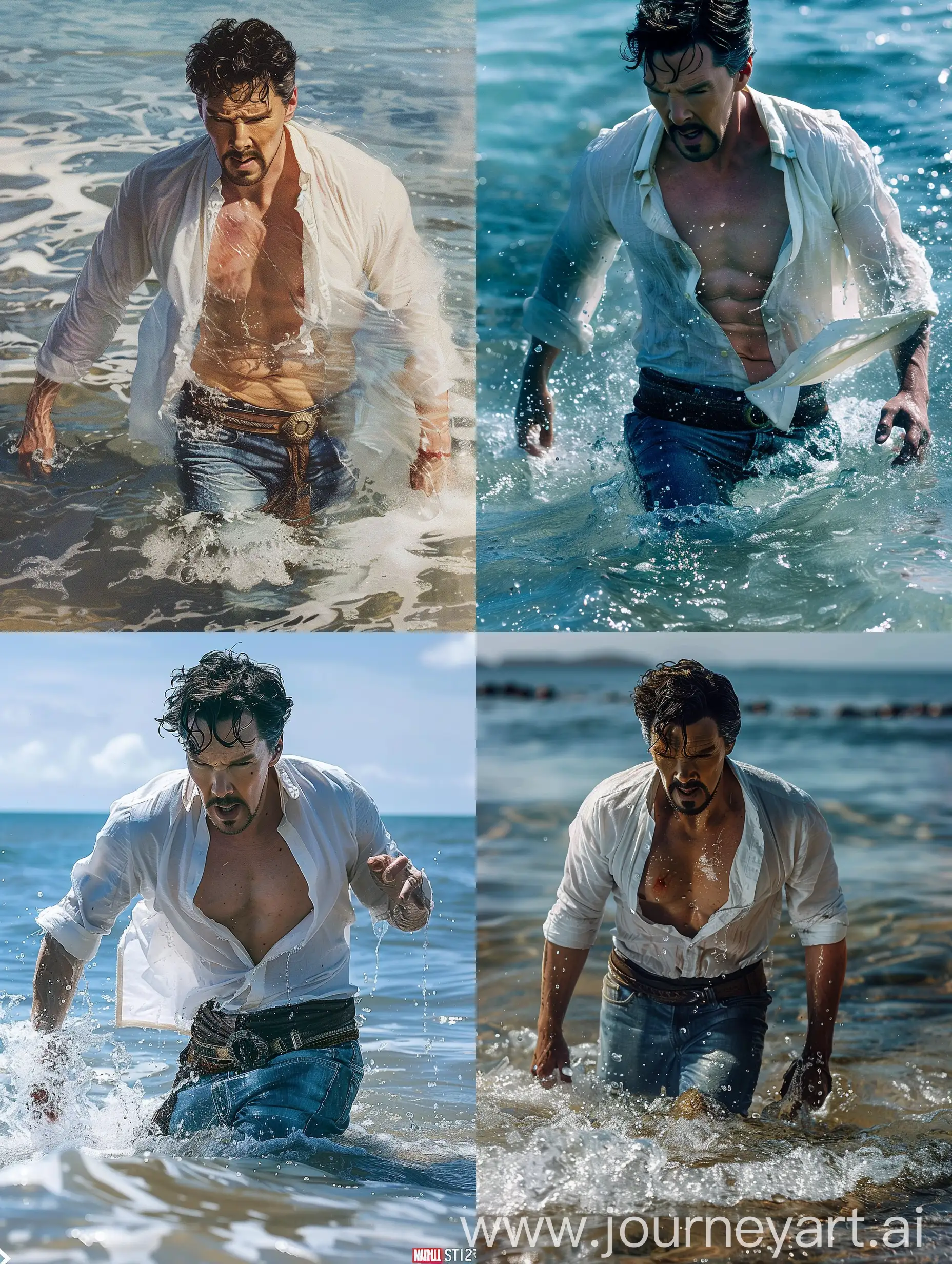 Doctor Strange getting out of the sea, wearing a white shirt, exposing chest, and jean trousers. He is wet.