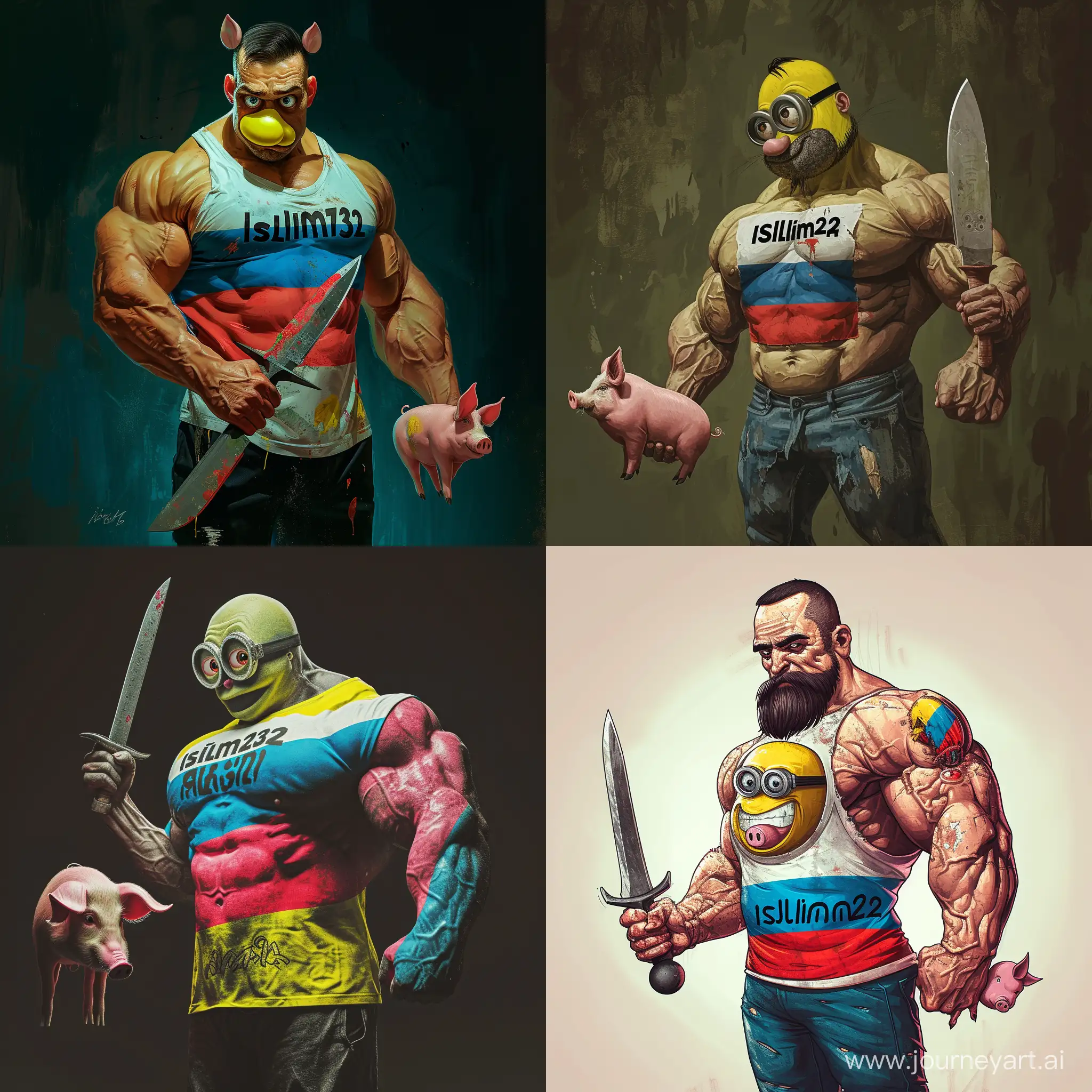 Pumped-up bodybuilder with minion head in t-shirt with inscription  ISLIM32 coloured in Russian flag holding a knife in his right hand and in the left hand there is a pig