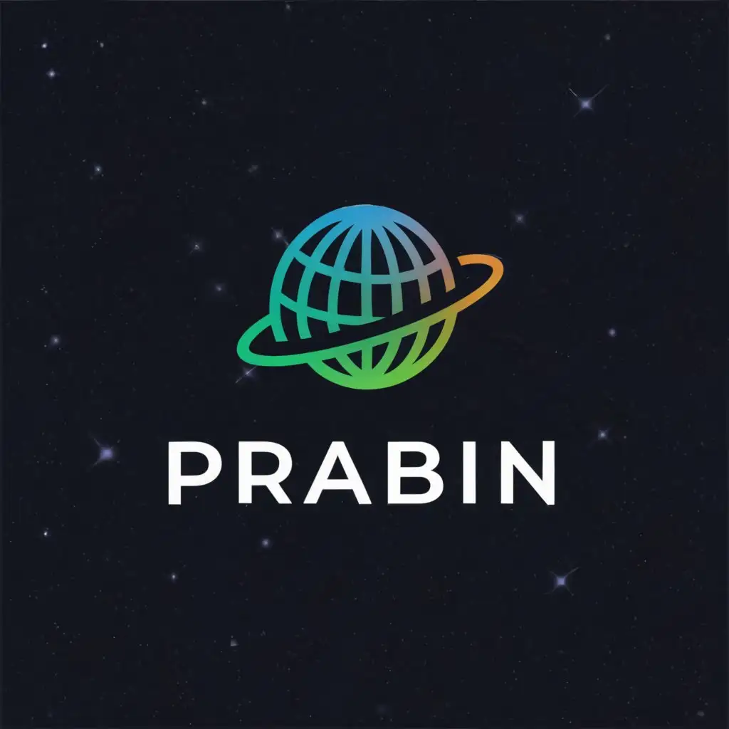 a logo design,with the text "Prabin", main symbol:Design a modern abstract logo for 'Prabin', featuring a minimalistic  globe element to symbolize global dominance and expansion. Use a contemporary color scheme of neon blue , neon green and shiny silver against a dark galaxy black background.,Moderate,clear background