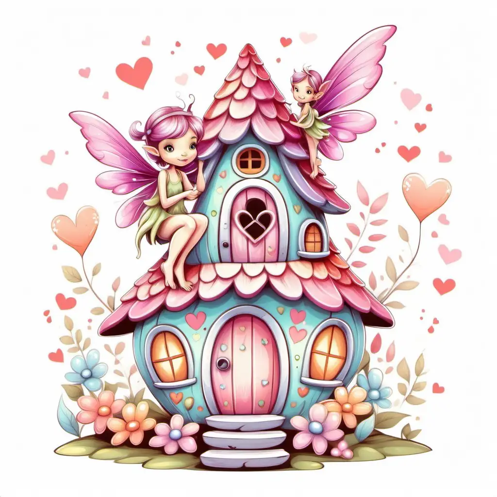 CUTE TINY FAIRY, ON fairy house,VERY COLORFUL PASTEL COLORS
VALENTINES  THEME illustration, with great details, flawless line art, white background 