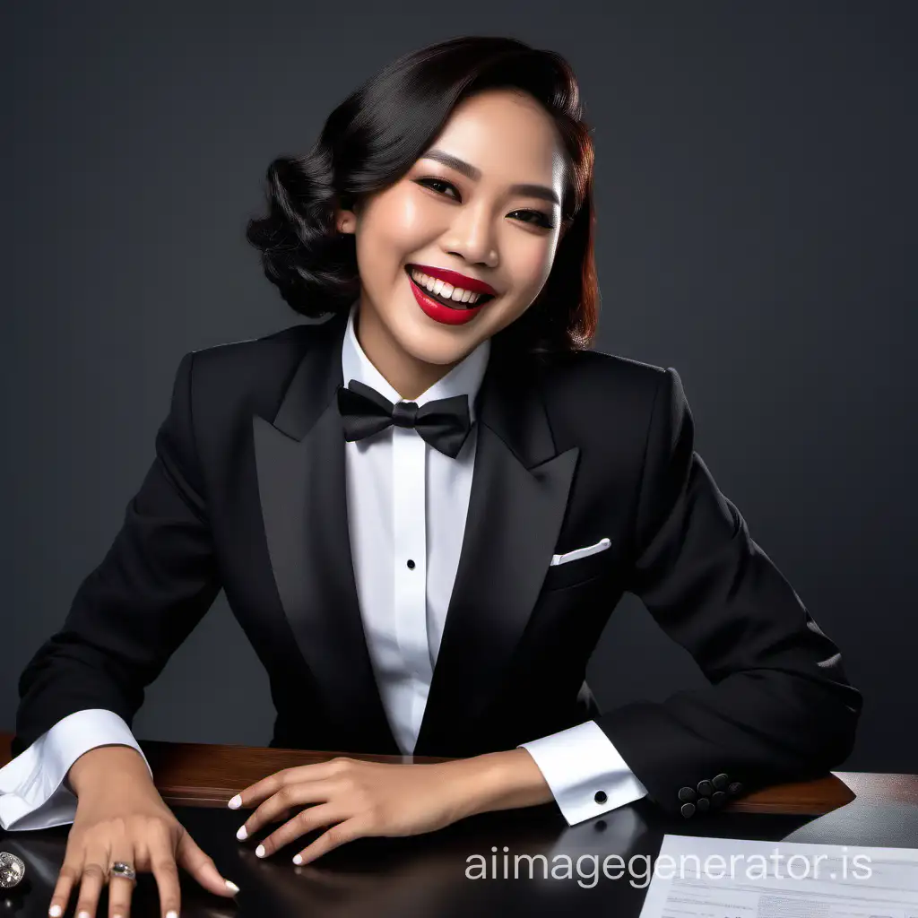A sophisticated and confident Indonesian woman with shoulder length hair and lipstick is seated behind a large desk.  She is wearing a black tuxedo with a black jacket.  Her shirt is white with double French cuffs and a wing collar.  Her bowtie is black.  Her cufflinks are silver.  She is smiling and laughing.