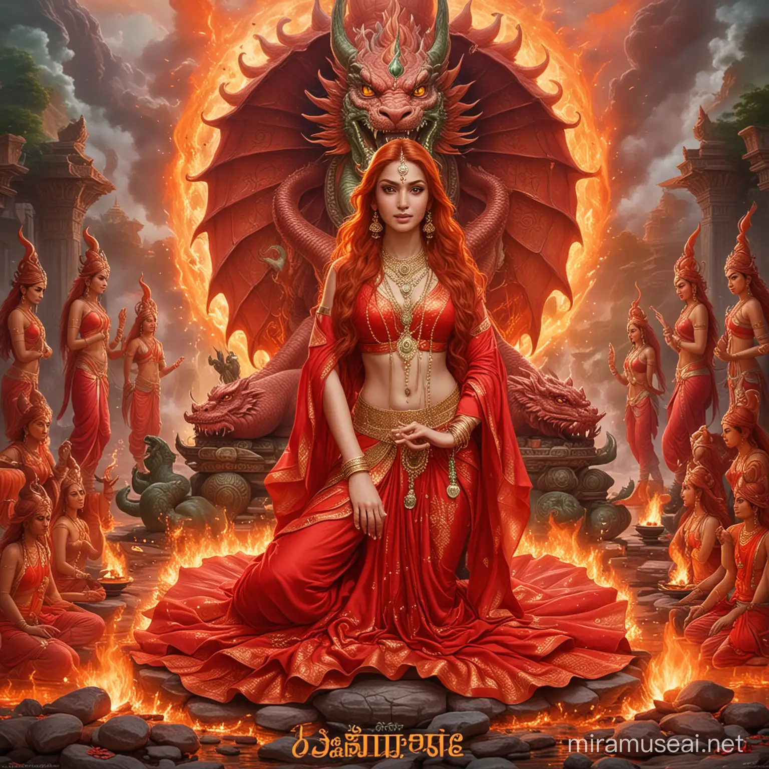 Powerful Hindu Empress Goddess Surrounded by Fire and Deities Vishnu Karma