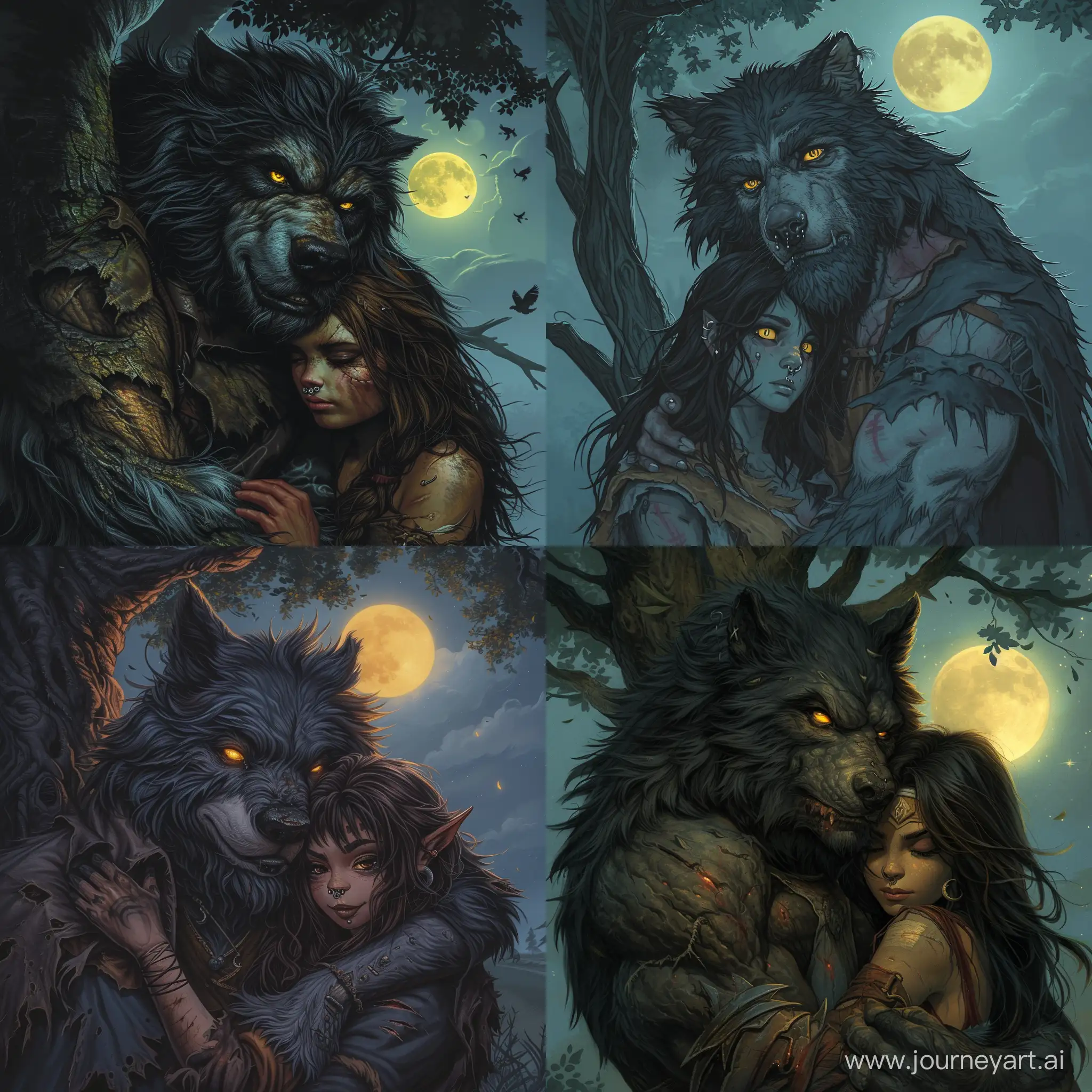A grizzled and battle-hardened humanoid werewolf with fur as dark as midnight, Glowing yellow eyes that betray both intelligence and feral instincts, Wears tattered remnants of torn clothing, showcasing the scars and markings of countless battles, getting hugged peacefully by  a cute humanoid wolf girl that wears a nose piercing under the tree and full moon in the sky, 1970's dark fantasy style, grim dark, gritty, detailed