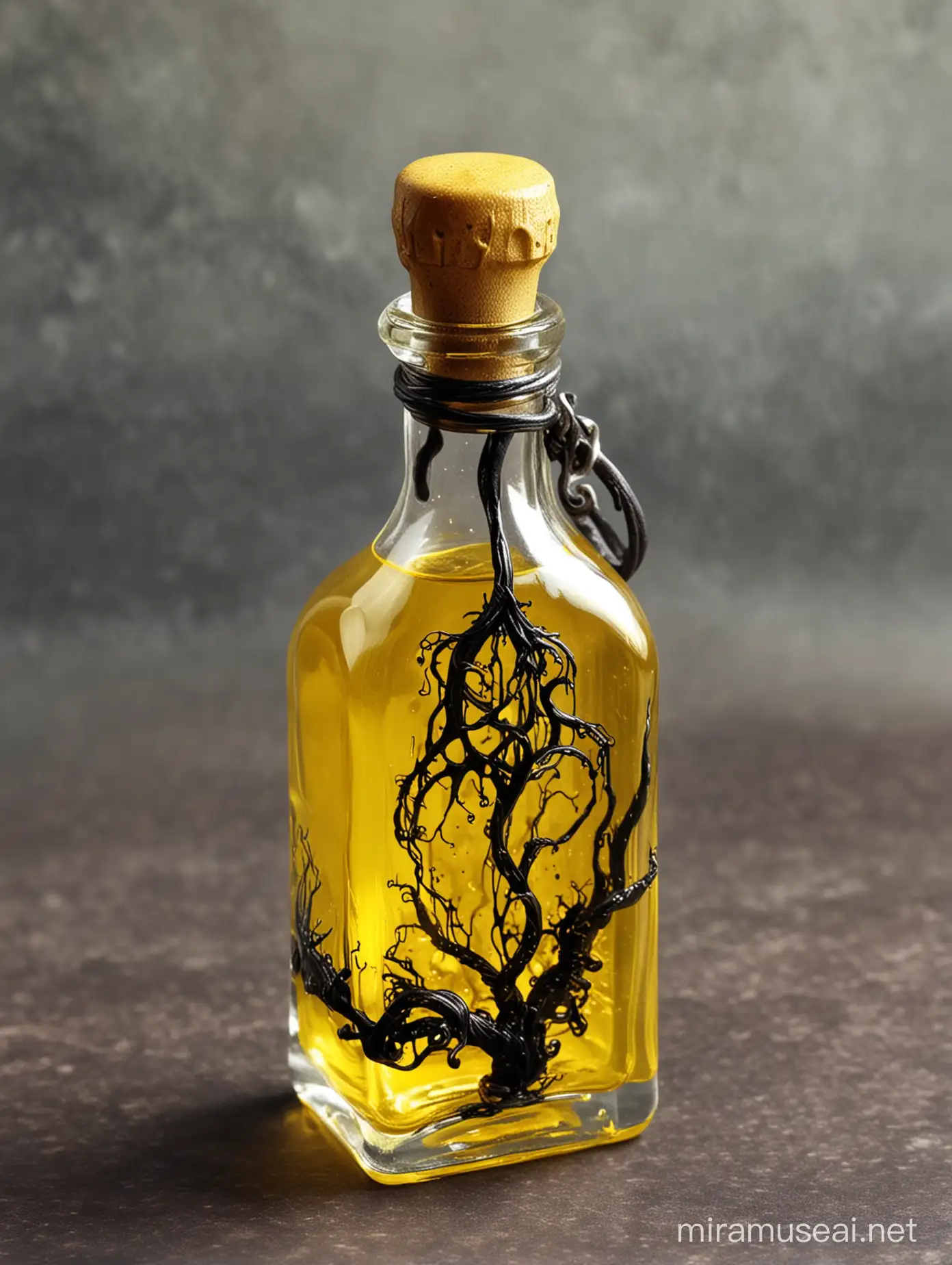 Eldritch potion, fantasy glass bottle with yellow liquid, D&D