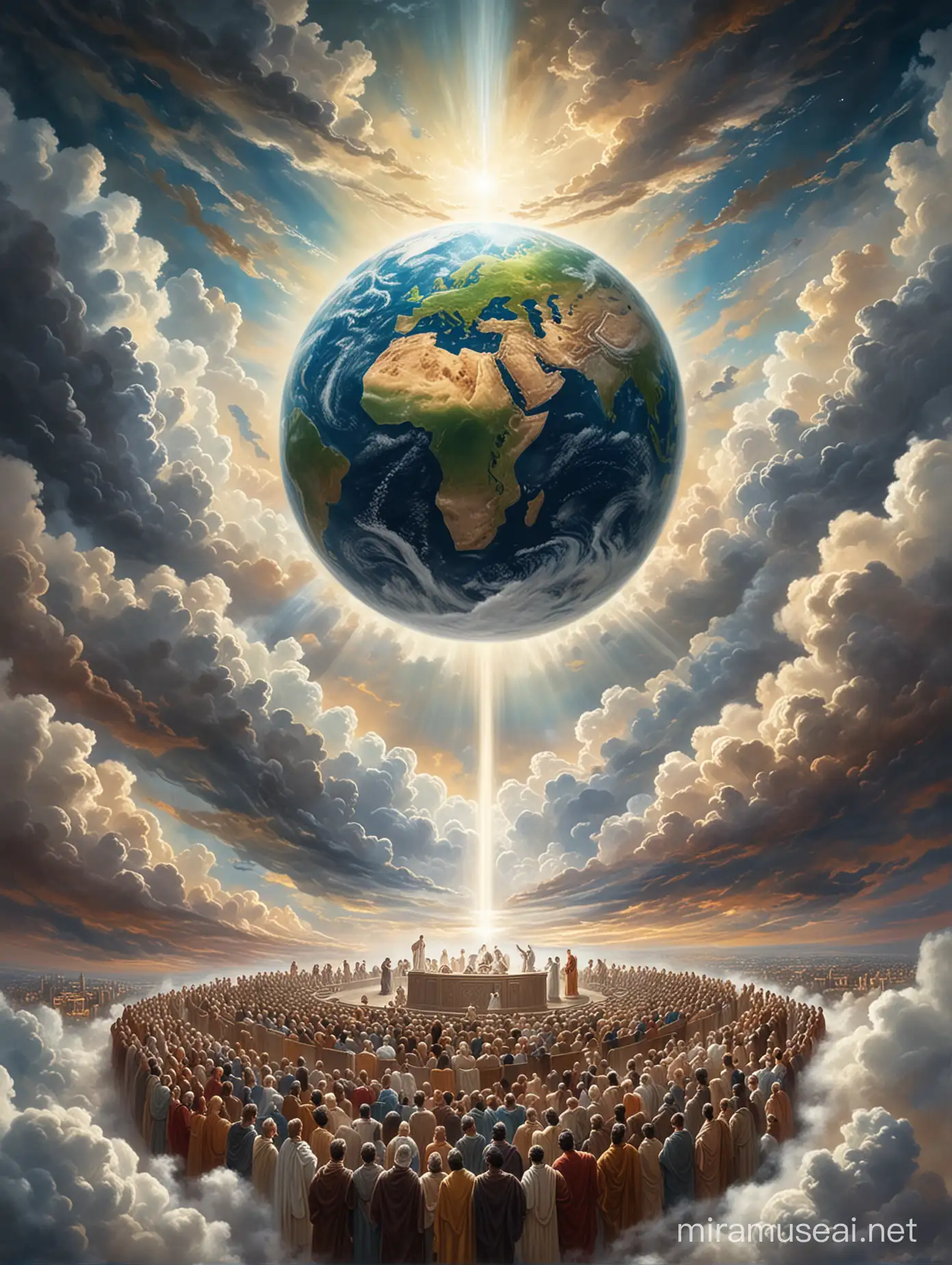 An image of the earth pushing out of thick glorious clouds. On the earth is an multitude of disciples gazing upwards. What they gaze at is a very huge synagogue shrouded in glory and surrounded by light high in the sky. Image style should be acrylic