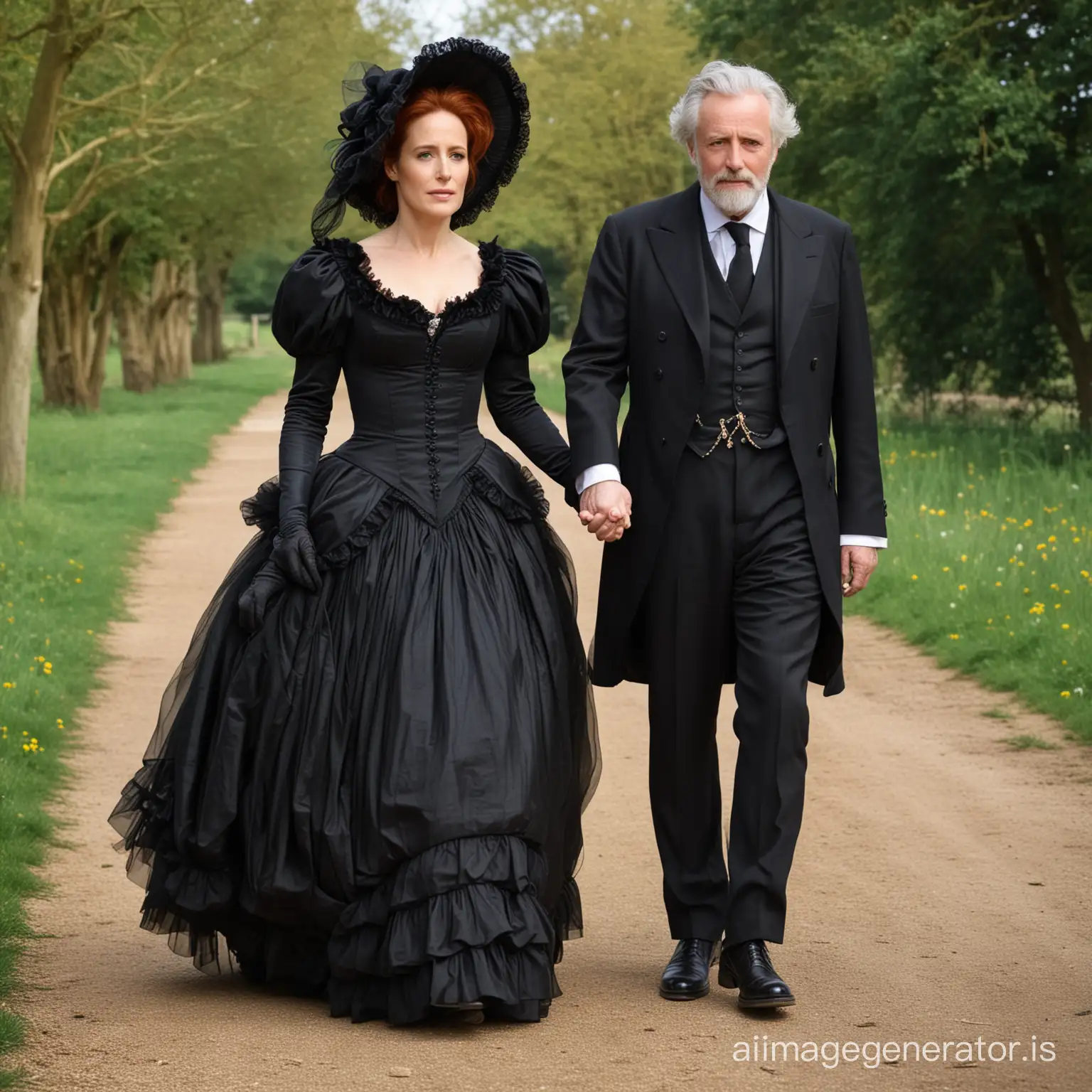red hair Gillian Anderson wearing a black floor-length loose billowing 1860 Victorian crinoline poofy dress with a frilly bonnet walking hand in hand an old man dressed into a black Victorian suit who seems to be her newlywed husband