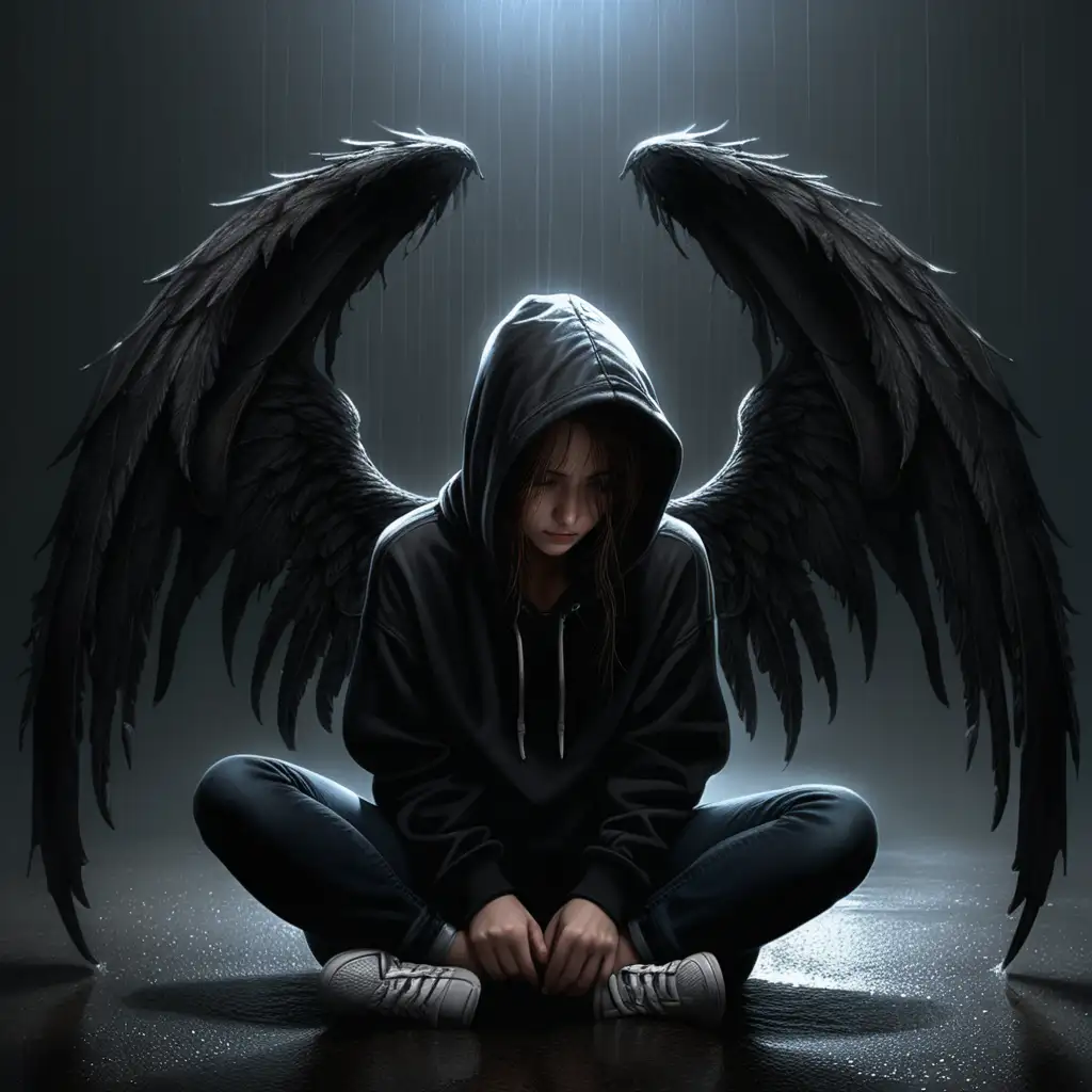Lonely Hooded Woman with Dark Angel Wings in Rainy Darkness