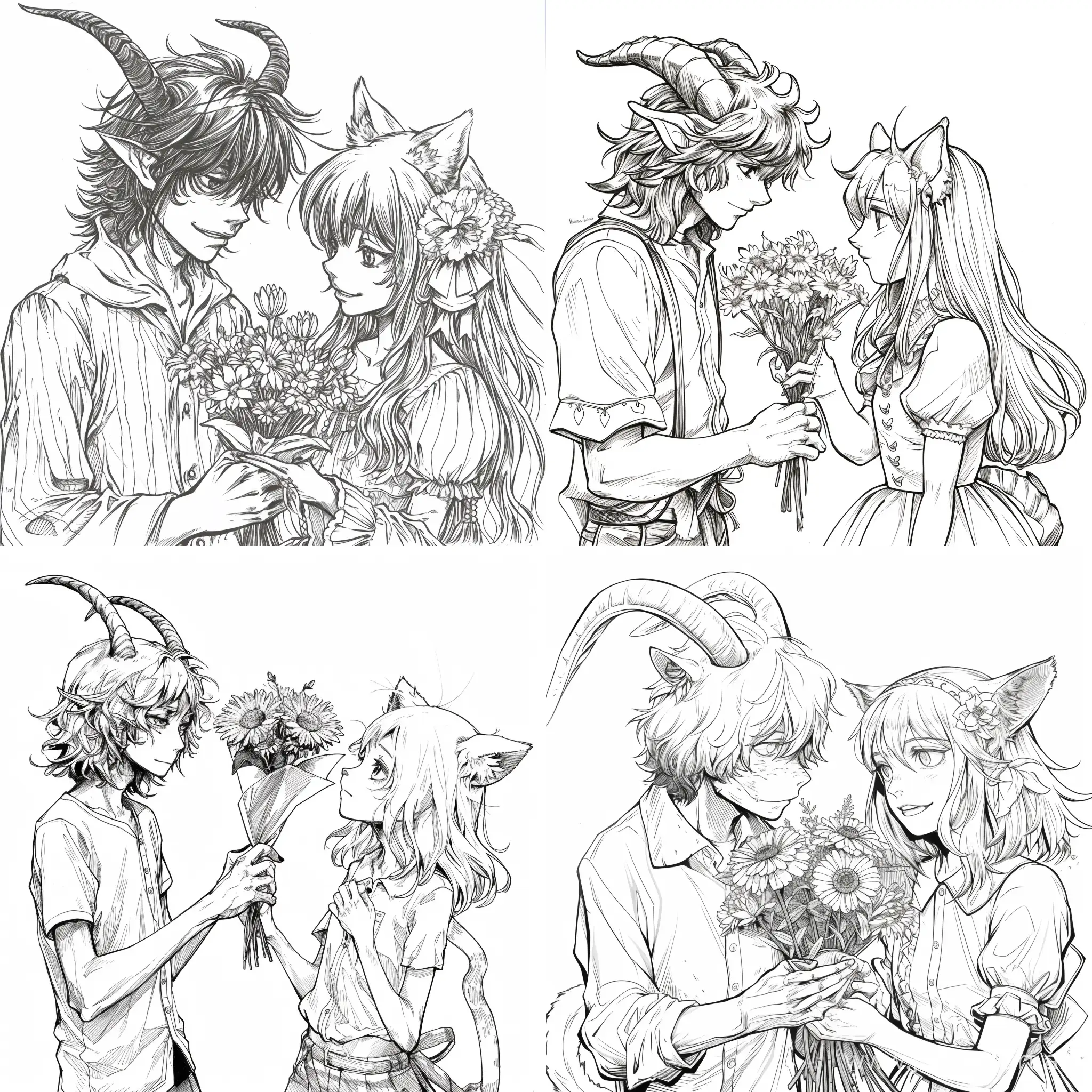 Whimsical-Anime-Scene-GoatHorned-Character-Presenting-Flowers-to-a-CatGirl-in-Monochrome