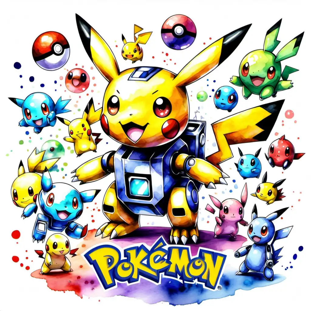 akvarel. šašavi Pokemon svijet koji je jako šaren i mini robot pleše no slatki mini robot i nije Pokemon lice i puno Pokemona i sve je šareno ali ne samo Pikačua nego puno drugih Pokemona ali mini robot nije Pokemon