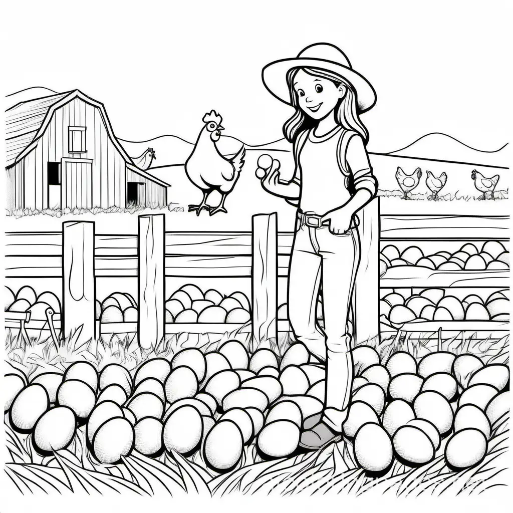 cute girl wearing jeans and collecting chicken eggs on a farm, Coloring Page, black and white, line art, white background, Simplicity, Ample White Space. The background of the coloring page is plain white to make it easy for young children to color within the lines. The outlines of all the subjects are easy to distinguish, making it simple for kids to color without too much difficulty