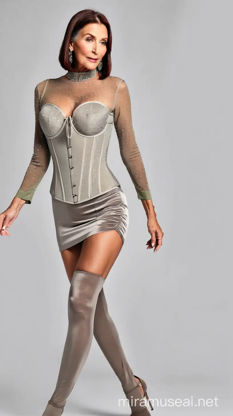 full length view of a very beautiful seductive 65 year old skinny very elegant white woman with big boobs, green eyes, grey hair in a bob and with al lot of freckles all over her body and an olive brown complexion and wearing a transparent corset with stockings and a high class makeup and high heels