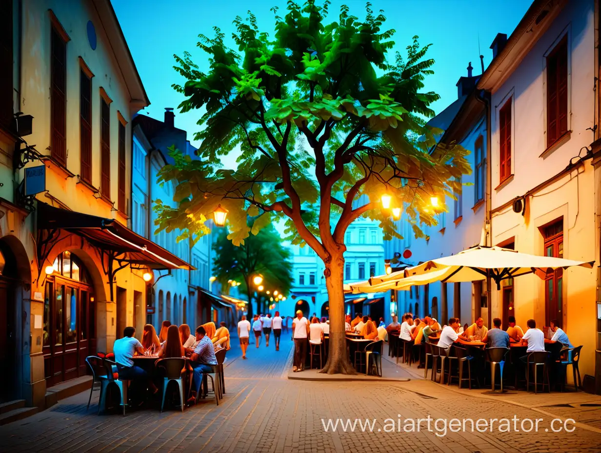 bar with tables on the historical street of the city, many people relaxing, summer evening with lights, one tree, high quality, professional photo