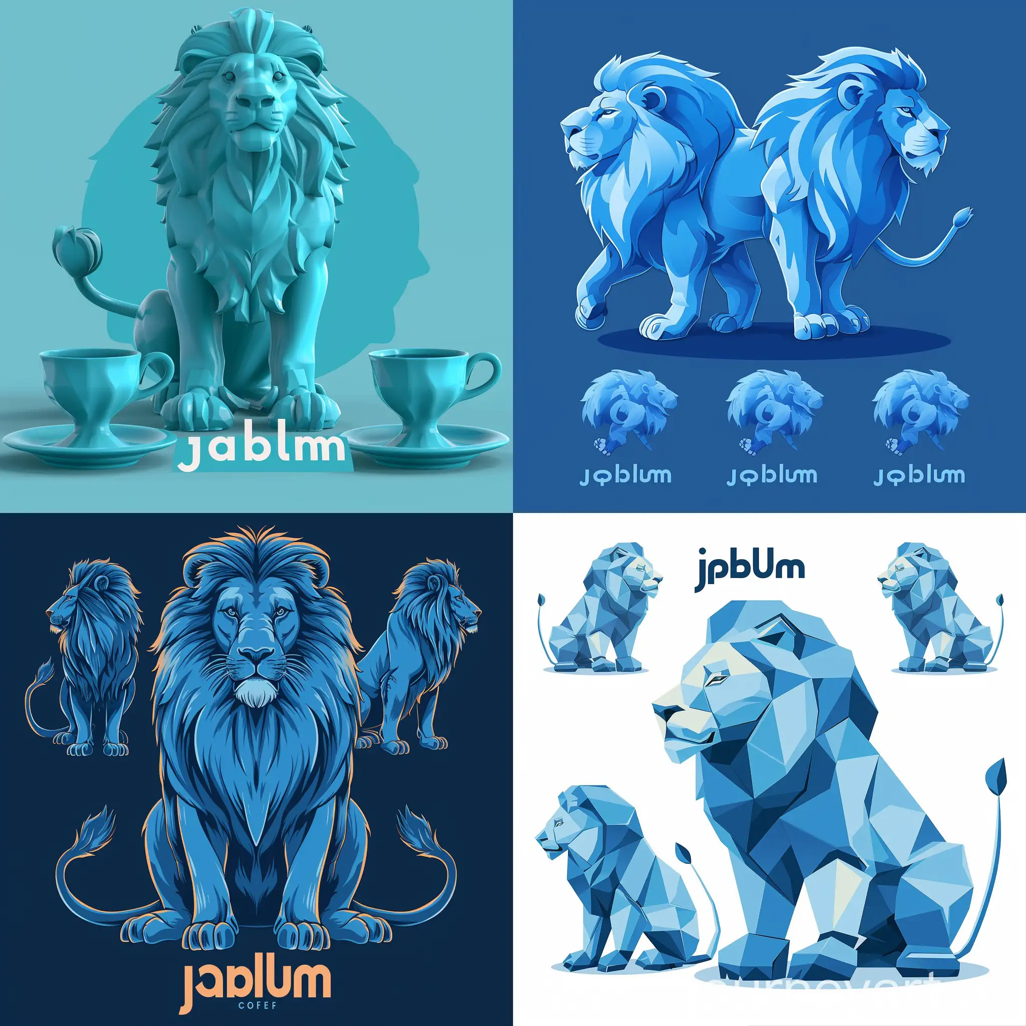 为jablum咖啡品牌设计一个品牌IP，主色调为蓝色，主体是狮子，可以冷酷一点，符合这个品牌的定位和logo风格，要有三视图，最好有衍生形态
