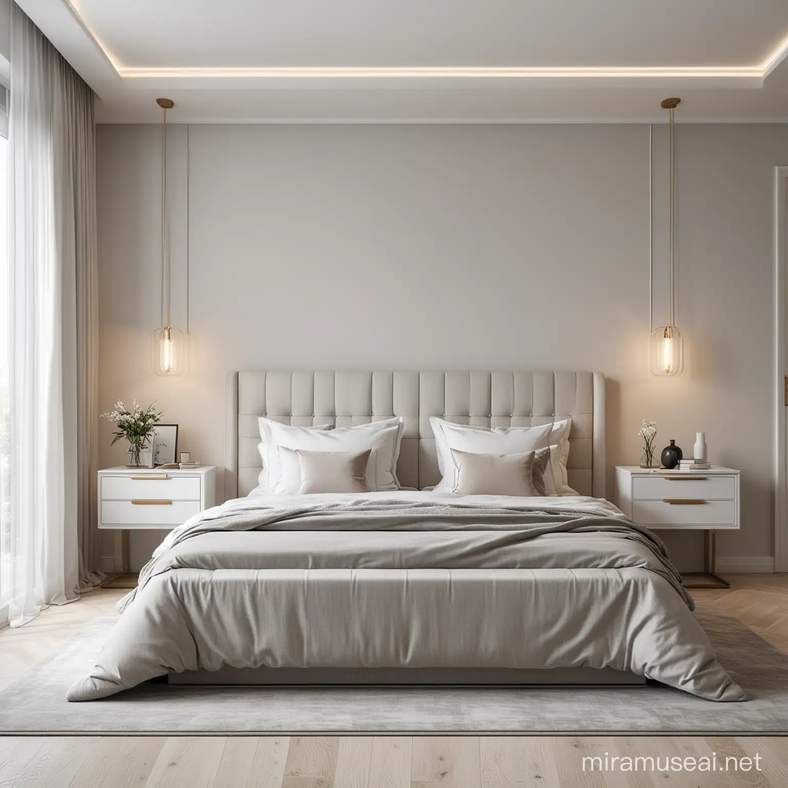 Modern Luxury bedroom in neutral colours, light grey and white. Cannon 8k quality picture