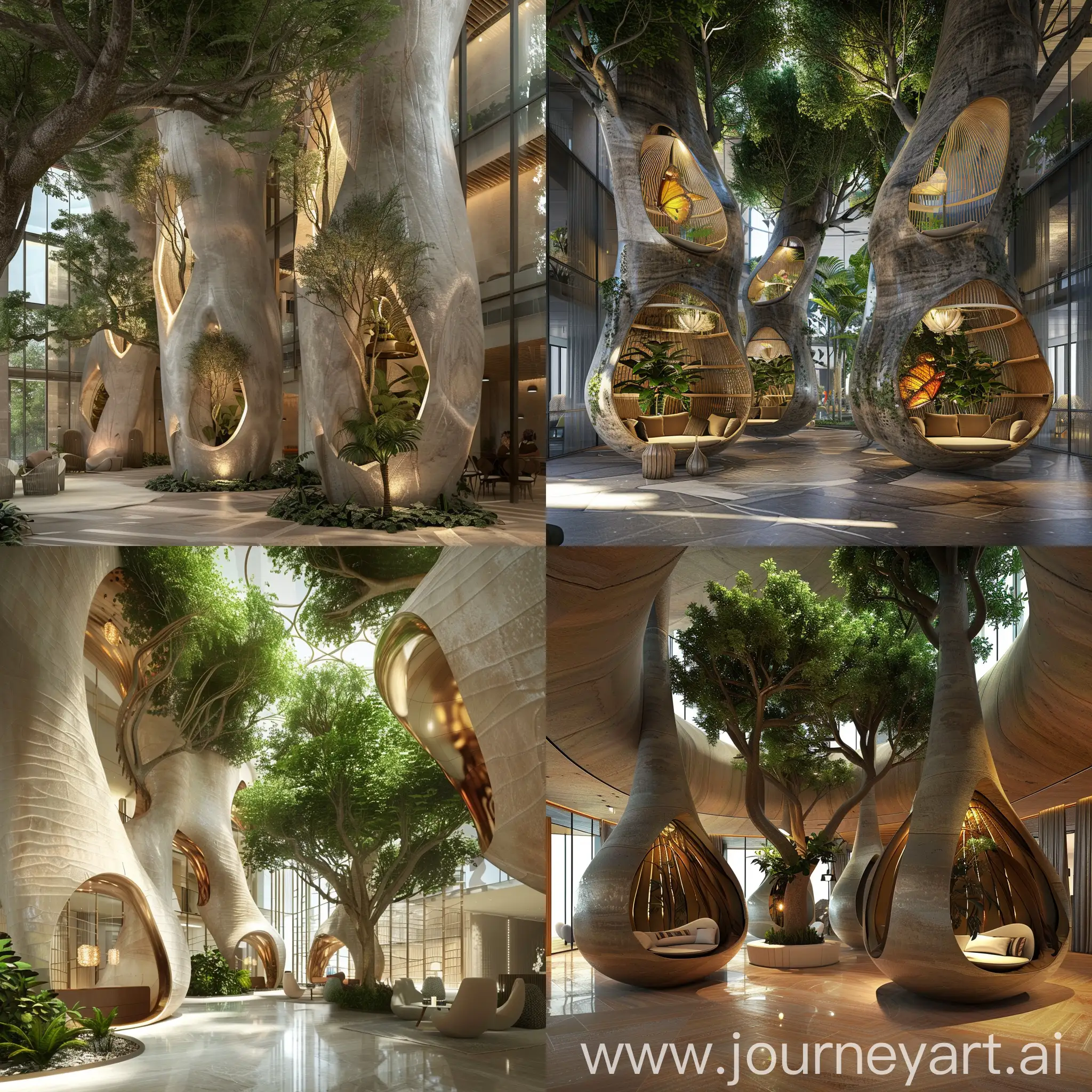 A hotel lobby design with very large trees inside and inspired by butterfly cocoons