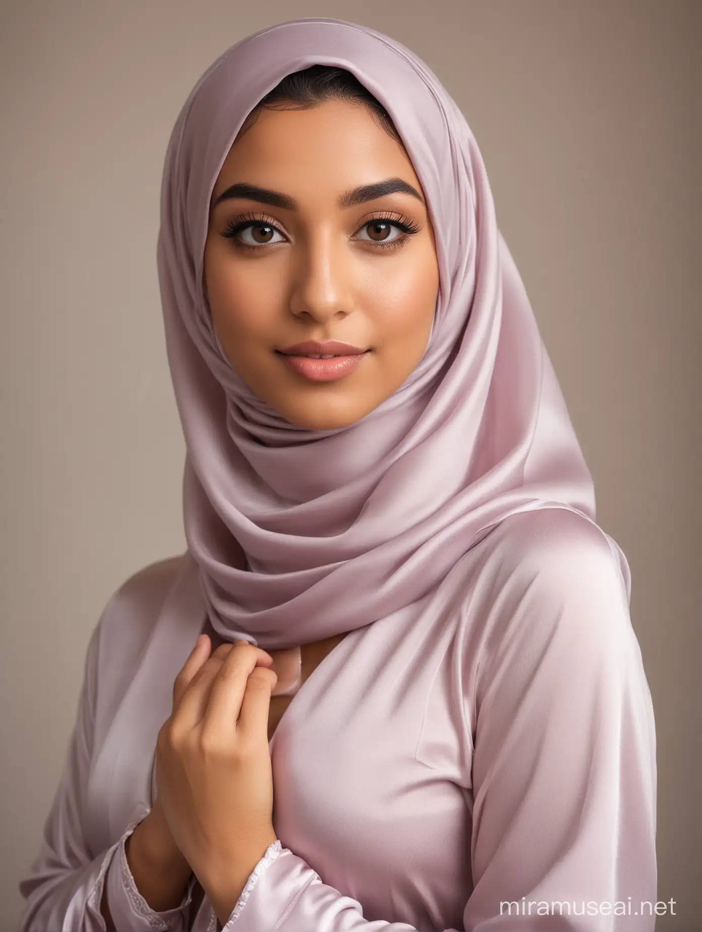 Elegant Muslim Woman in Silk Hijab and Lingerie