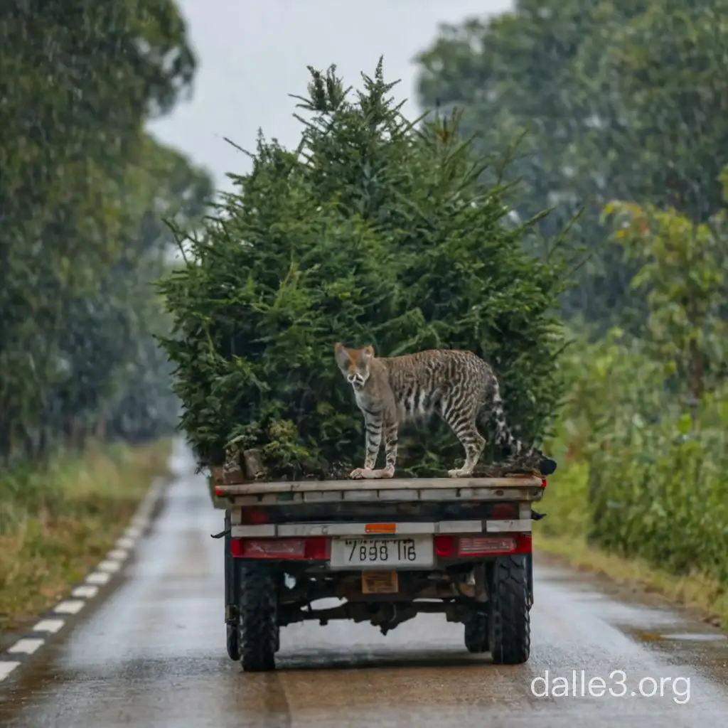 During the heavy rain, there were a cat and birds on the truck loaded with various live trees, and various wild animals followed the truck queue quickly on the road.