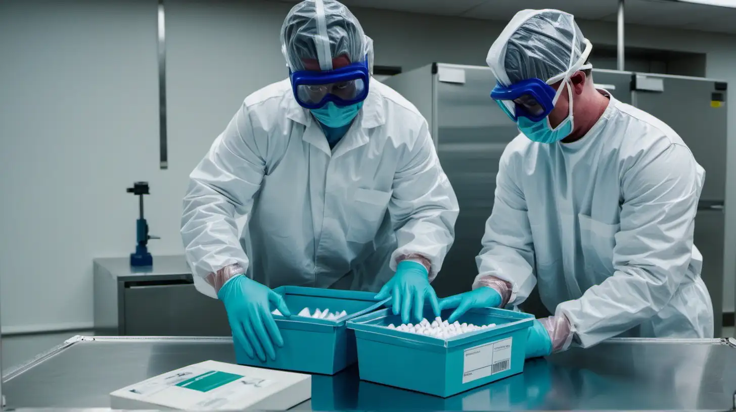 Commercial high containment drug manufacturing, men with hands in gloves in box, wearing PPE